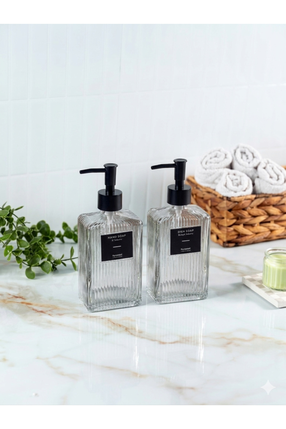 2 x 500 ml Countertop Glass Liquid Soap Dispenser Kitchen (2 LABELS)