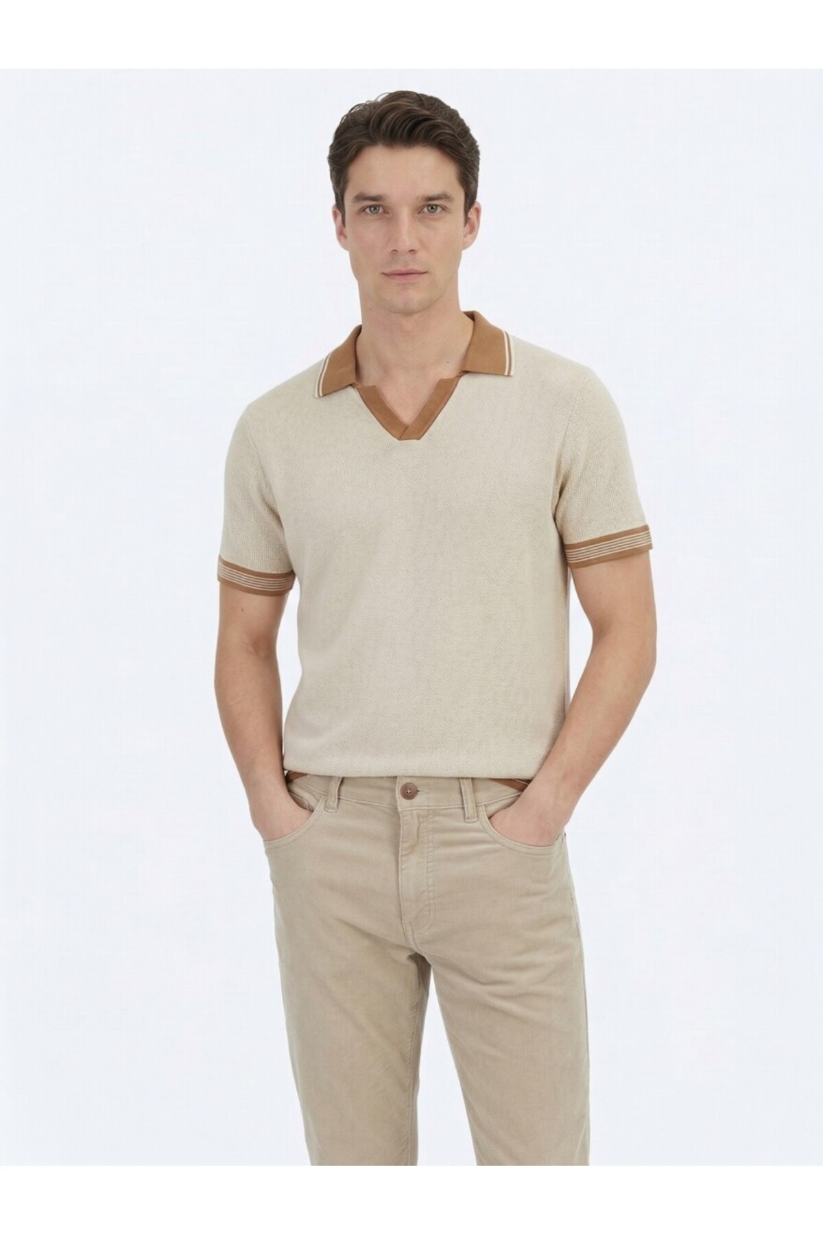 Kip  Bej Polo Yaka Desenli Triko - Görsel 3