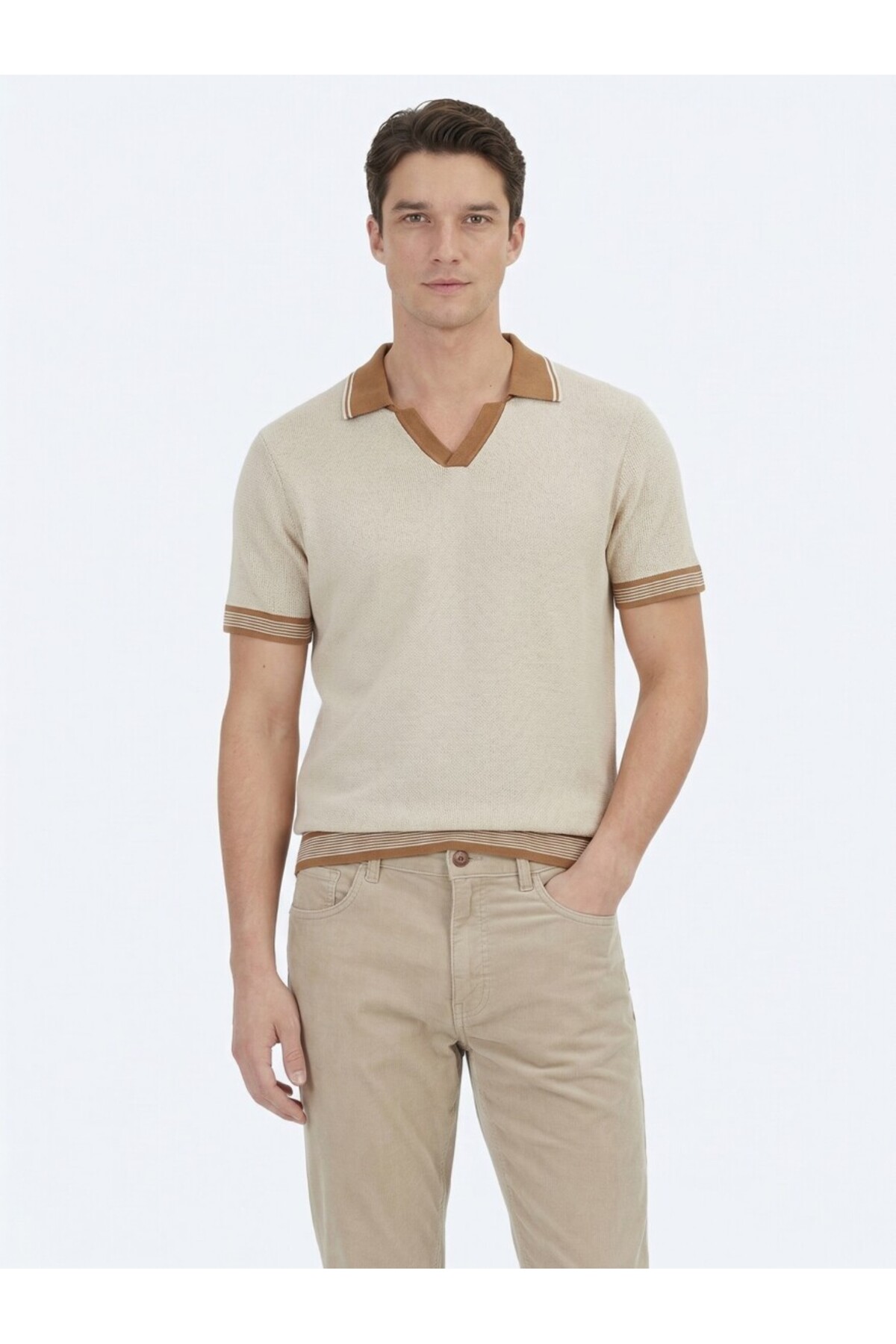 Kip  Bej Polo Yaka Desenli Triko
