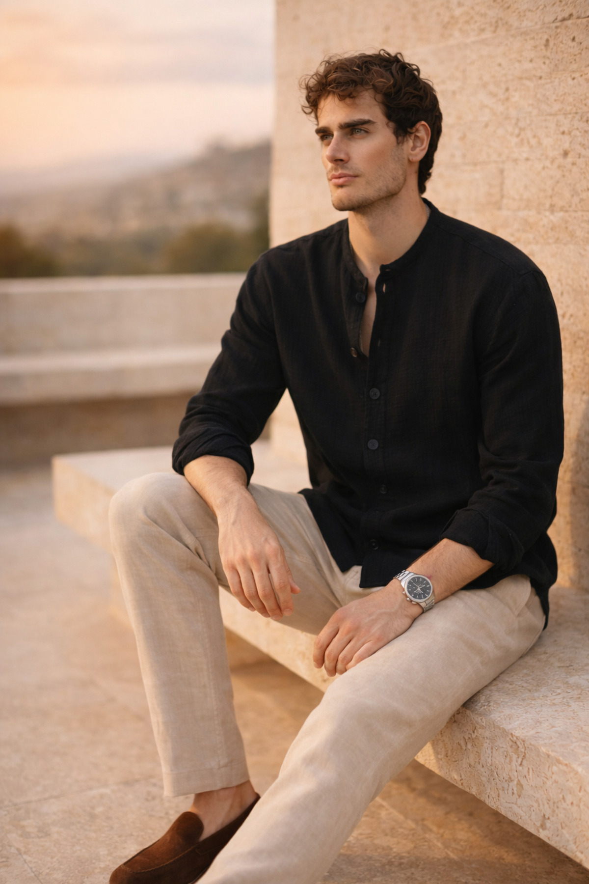 Valiberta  Hafif ve Nefes Alabilir Erkek Müslin Yarım Pat Hakim Yaka Oversize Gömlek - Siyah - Görsel 6