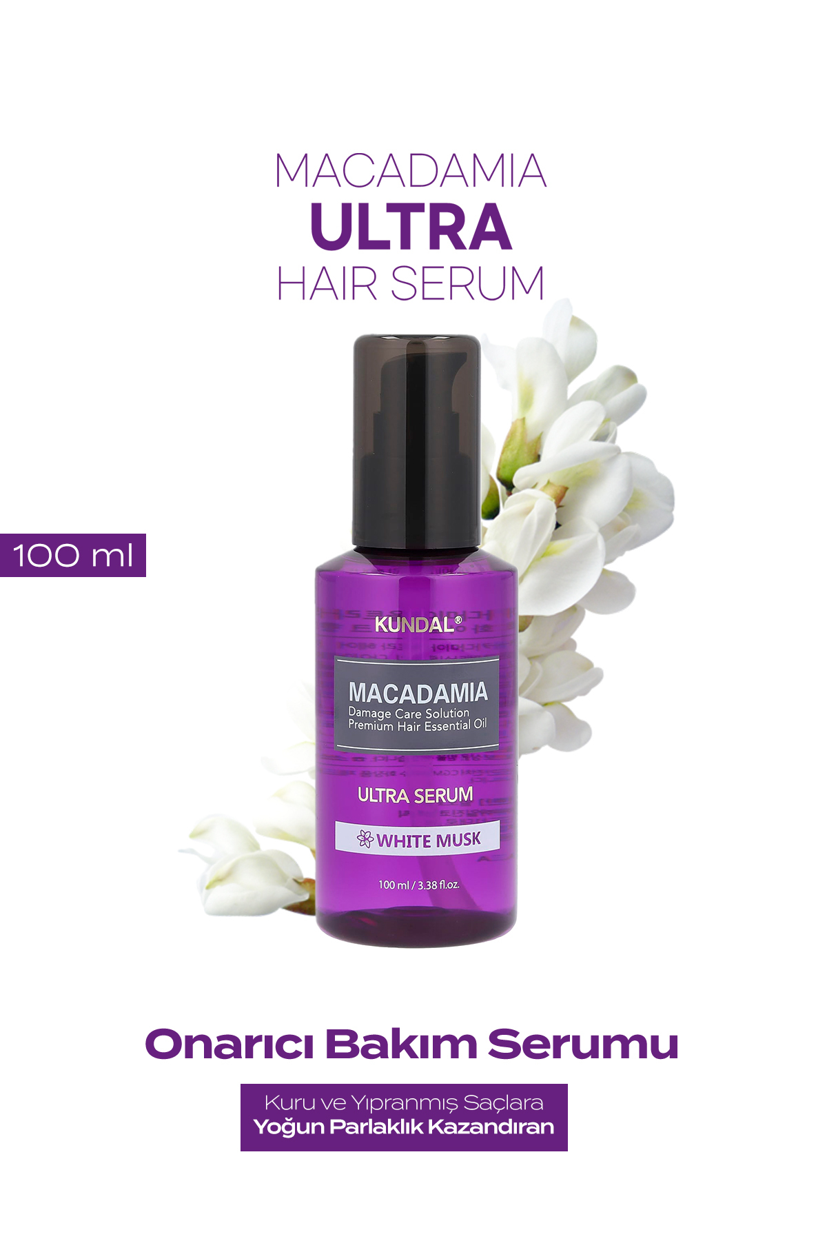 Kundal Kuru ve Yıpranmış Saçlara Onarıcı Bakım Serumu KUNDAL Macadamia Ultra Hair Serum 100ml (White Musk) — 7235