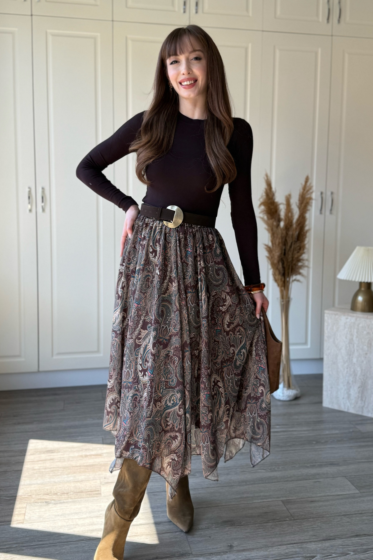 Dilay Gökoğlu Butik  Asimetrik Astarlı Şifon Midi Etek