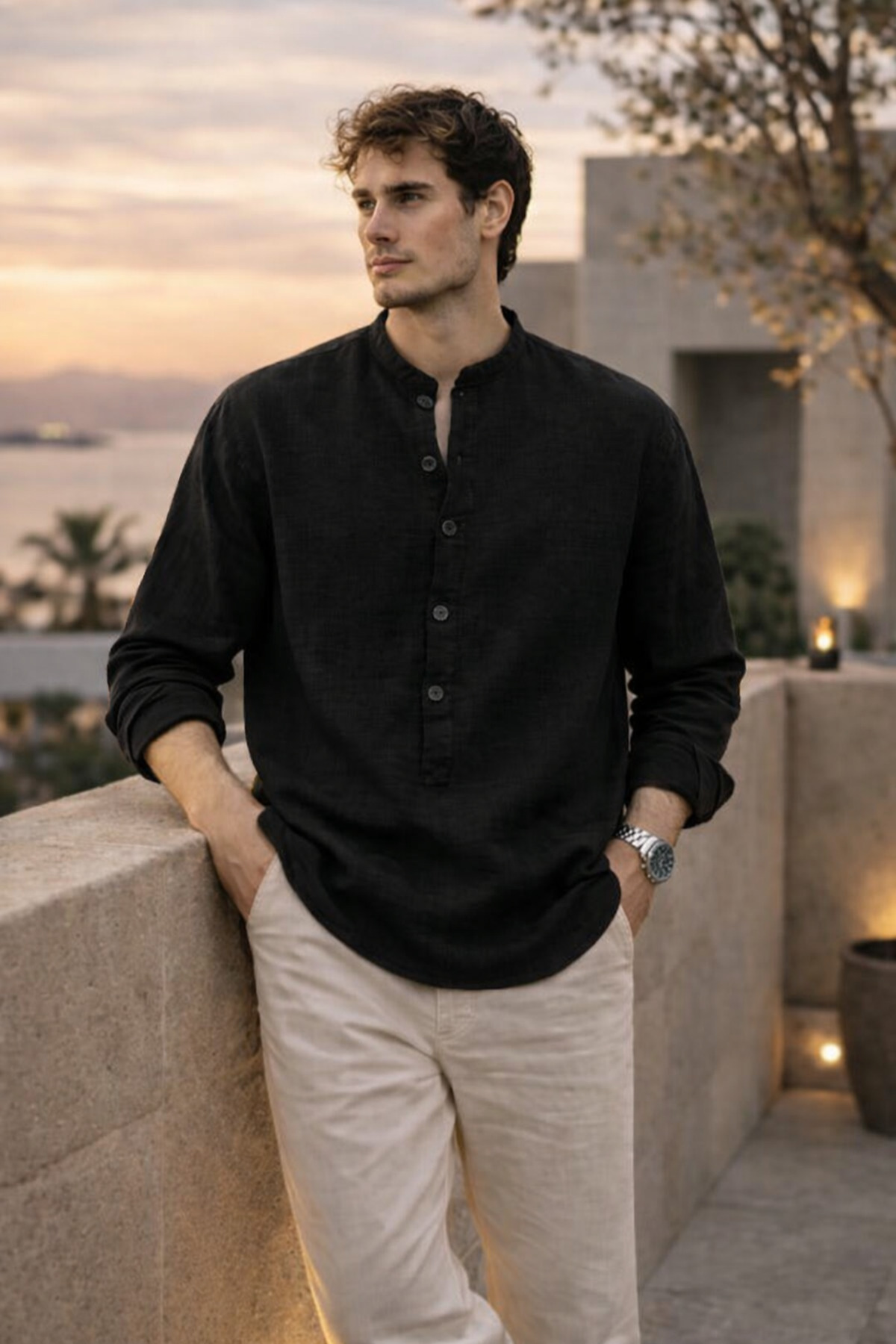 Valiberta  Hafif ve Nefes Alabilir Erkek Müslin Yarım Pat Hakim Yaka Oversize Gömlek - Siyah