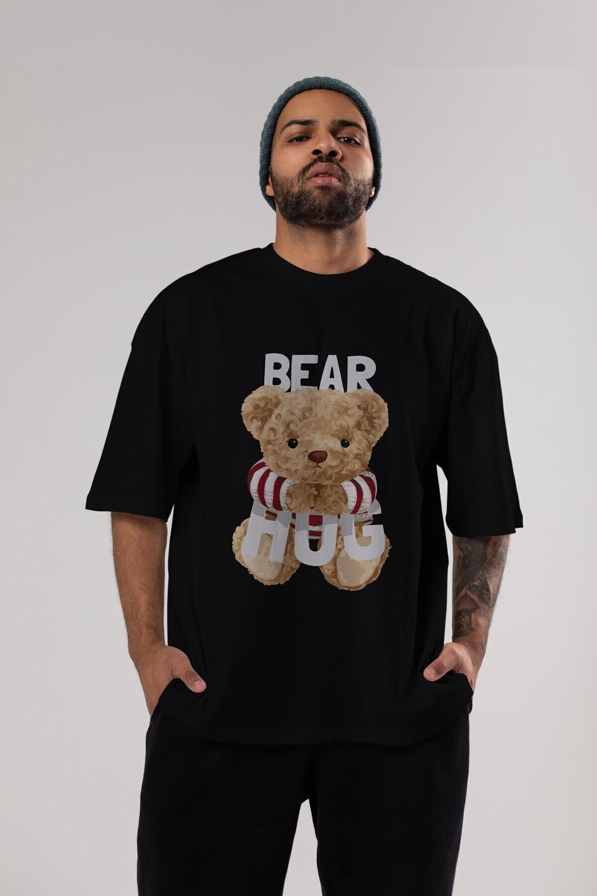 Teddy Bear Hug Pre-printed Black Oversize T-shirt Men Women Crew Neck