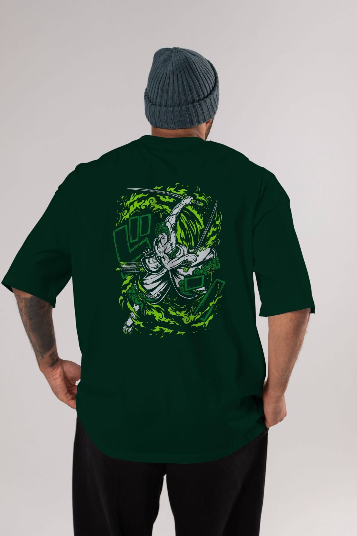 ZORO-ONE piece (2) Anime Back Printed Emerald Green Oversize t-shirt cotton Men Women