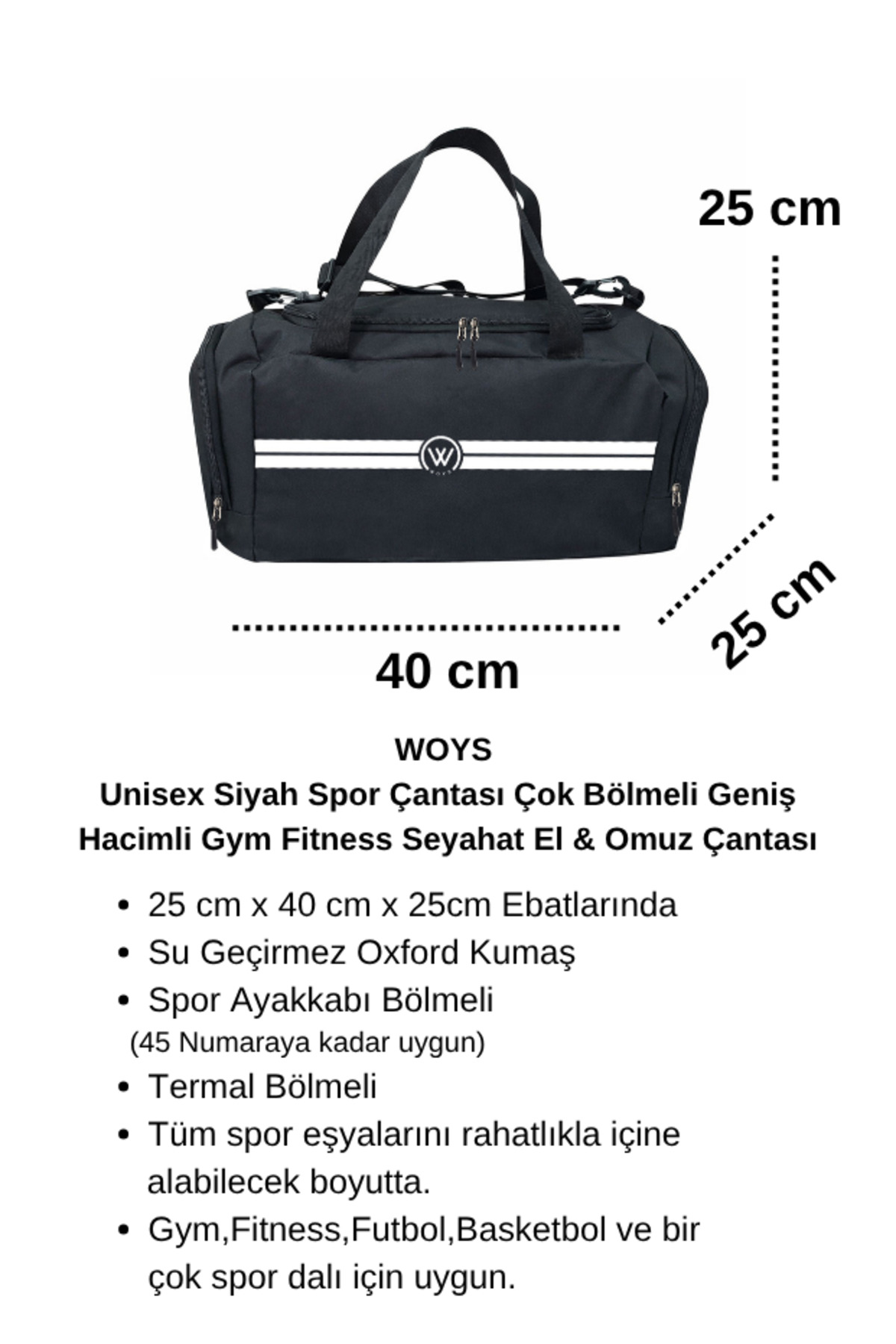 woys  Unisex Siyah Bölmeli Sporcu Çantası - Görsel 2