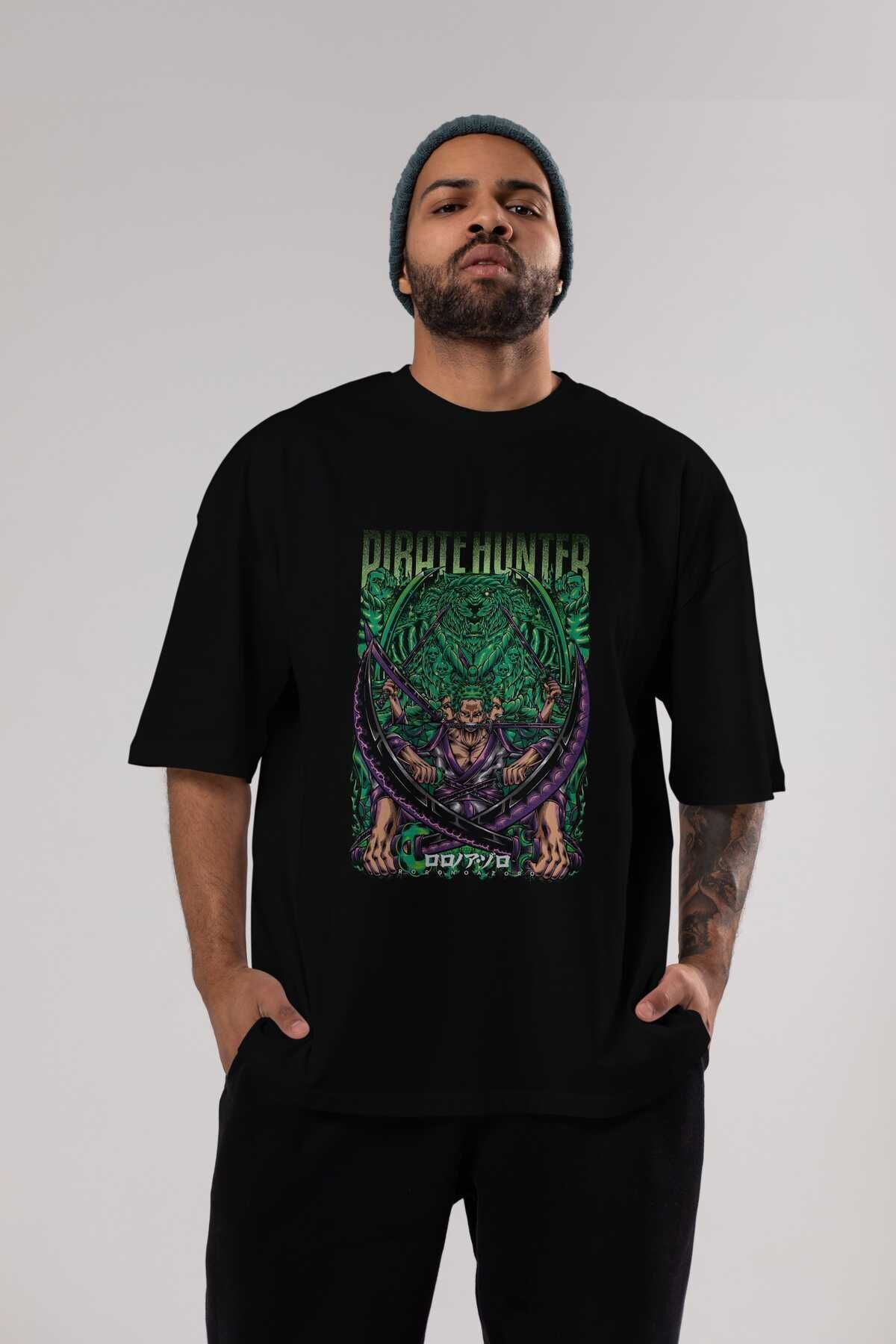 Ankhises RORONOA ZORO 3 Anime Ön Baskılı Siyah Oversize t-shirt