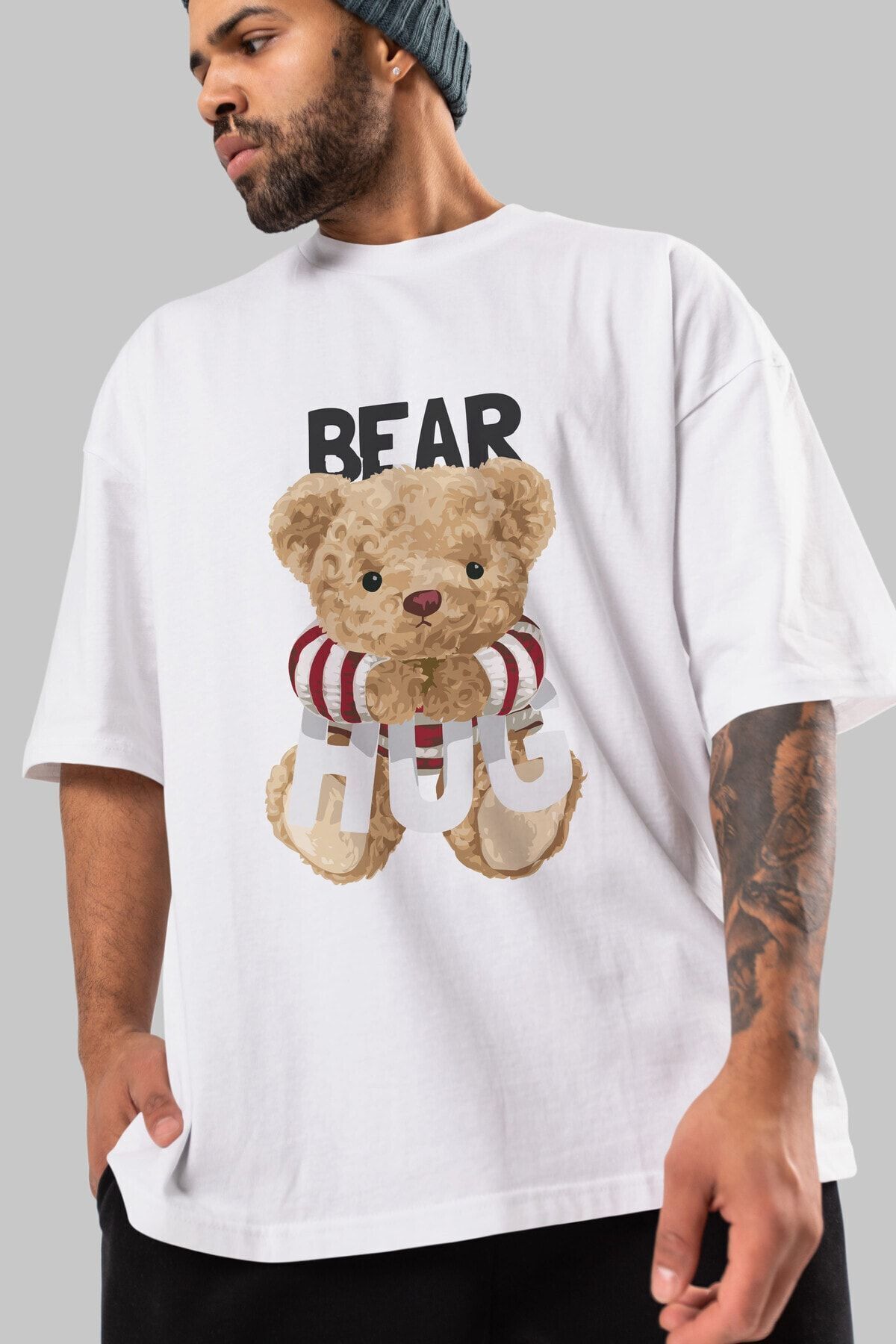 Teddy Bear Hug Preprinted White Oversize T-shirt Men Women Crew Neck
