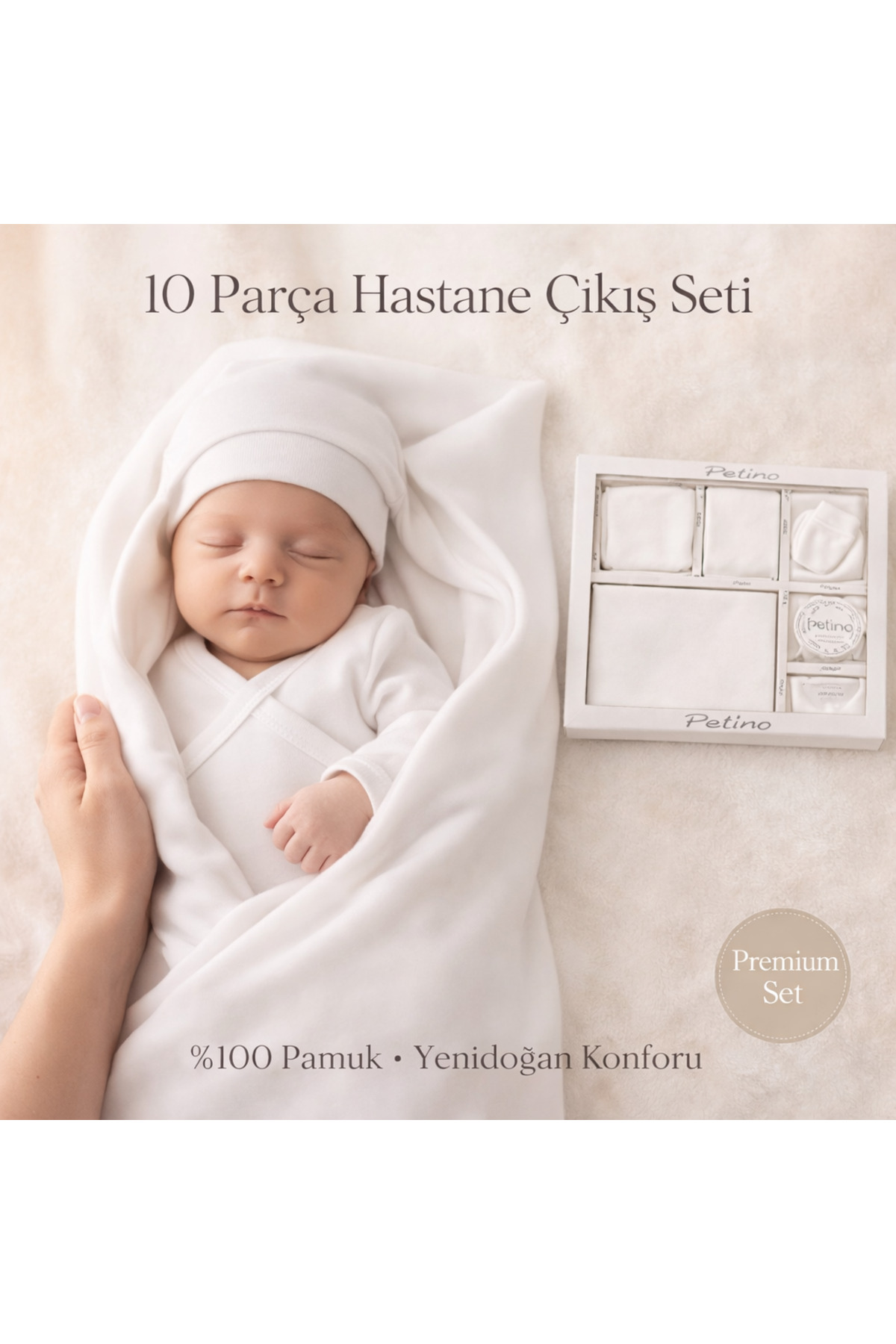 Petino Yenidoğan Ekru Hastane Çıkış Seti 10 Parça %100 Pamuk Unisex Bebek Takımı fotoğrafı 2 (önizleme)