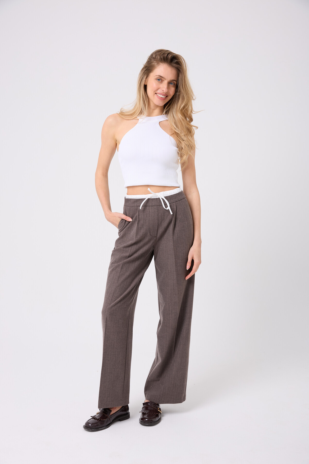 WOMEN'S WİDE LEG TROUSERS WITH DOUBLE WAISTBAND HIGH WAIST SIDE HIDDEN ZIPPER