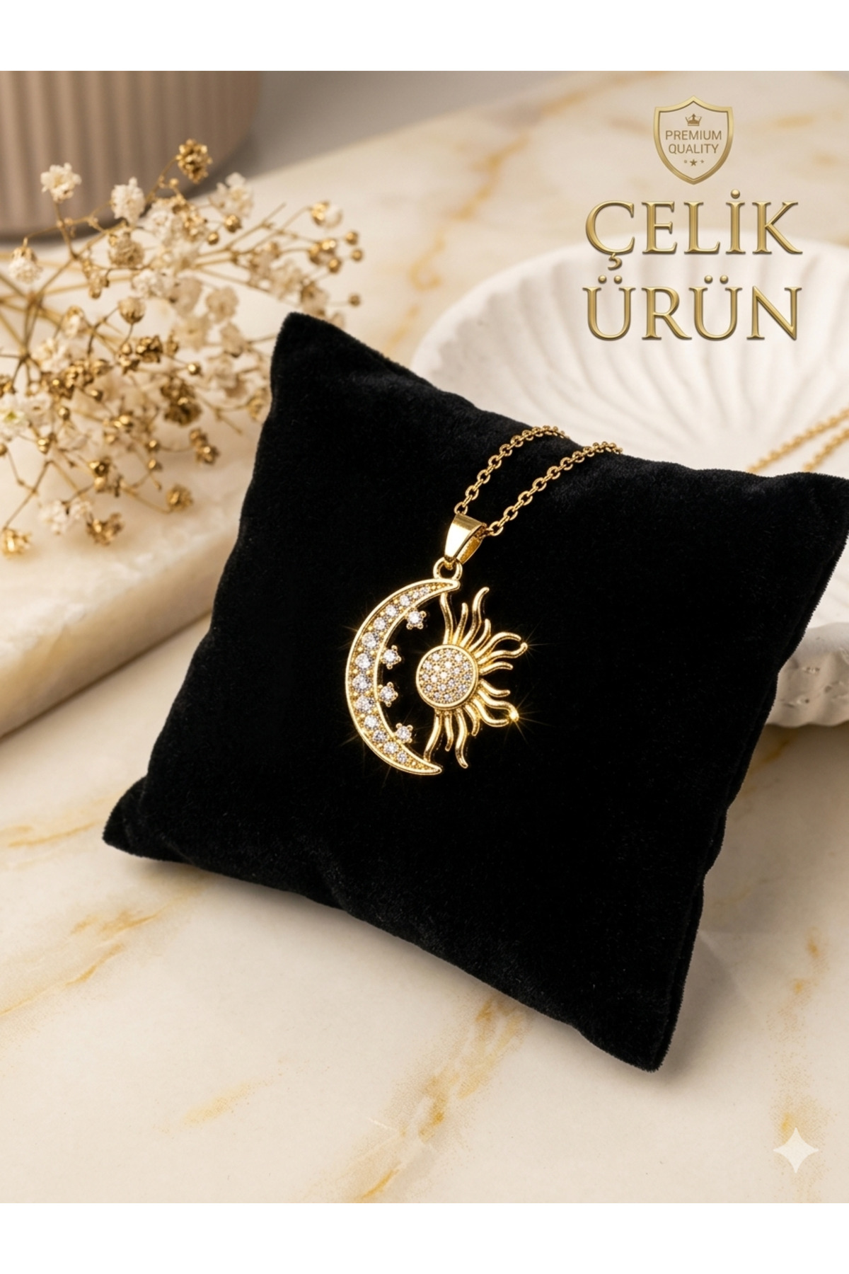 Women's Gold Color Moon And Sun Steel Necklace