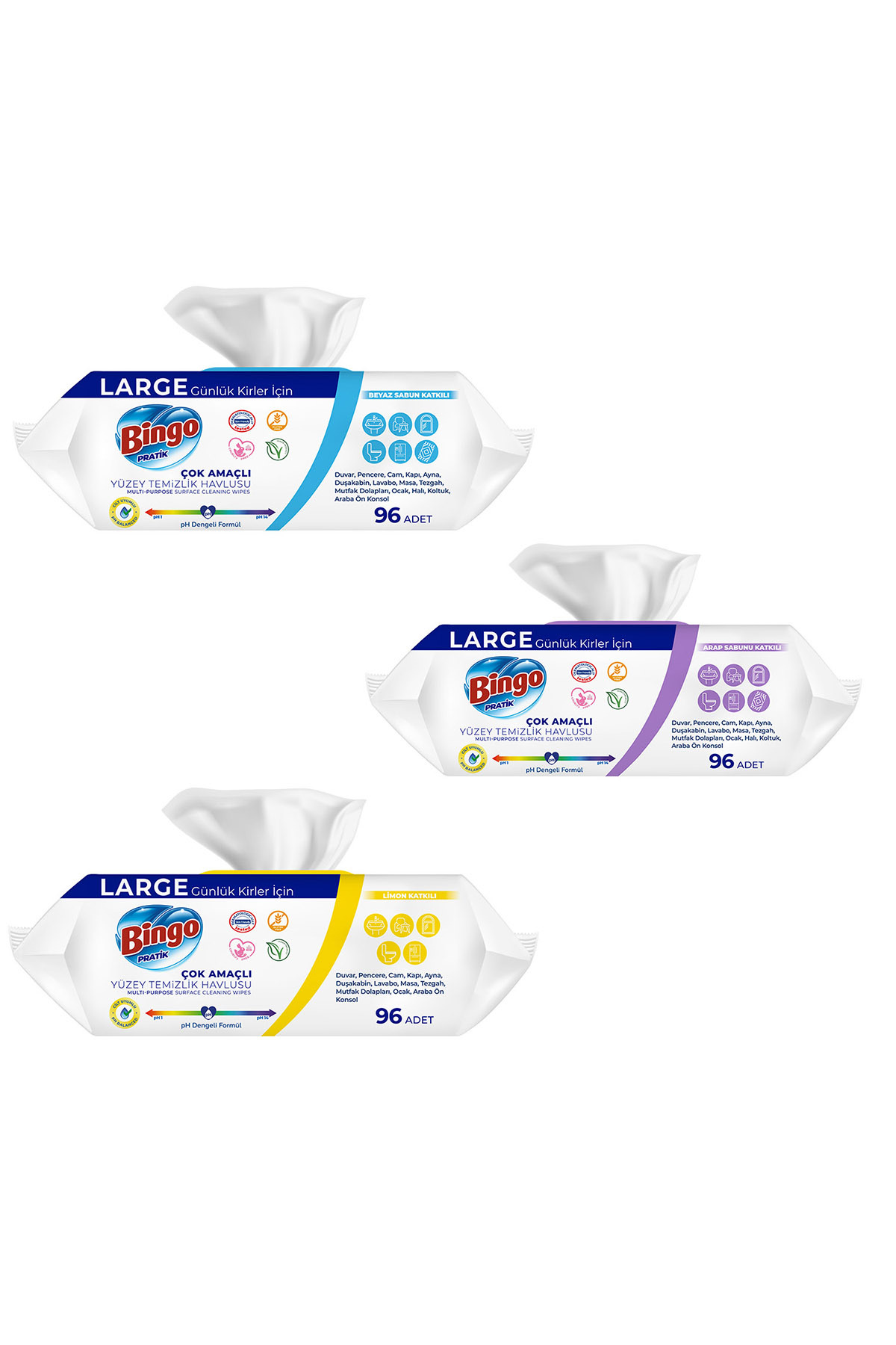 Bingo Yüzey Temizlik Havlusu Beyaz Sabun, Lavanta & Limon 96'lı (288 YAPRAK) fotoğrafı 3 (önizleme)