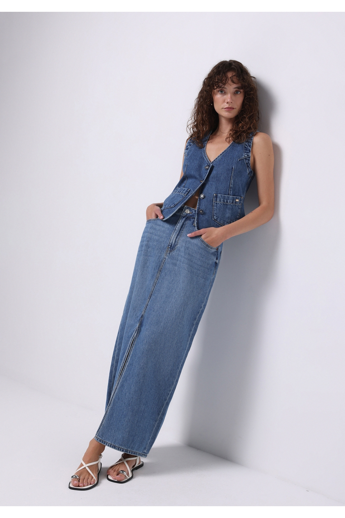 Colin's Slim Fit Düz Düğmeli Kadın Mavi Etek