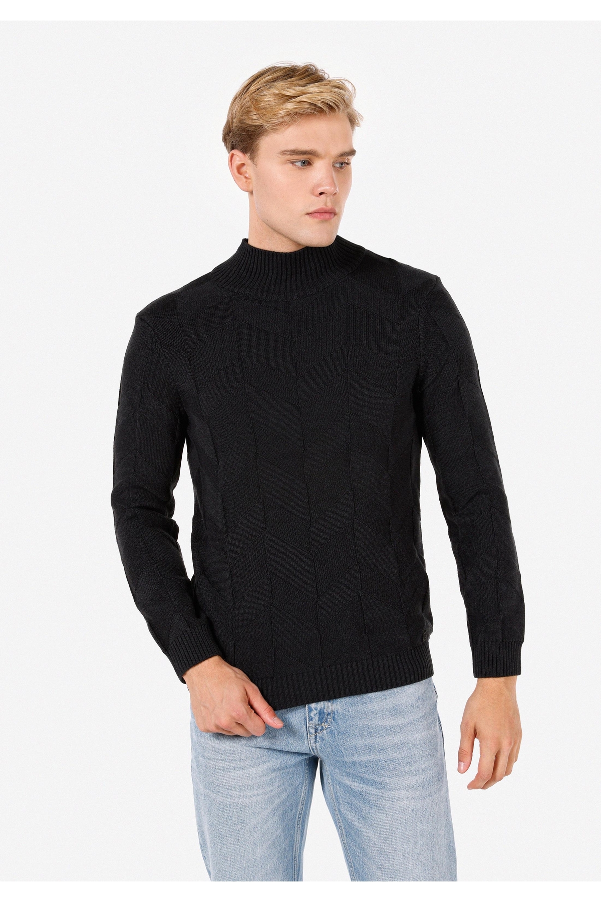 Pamuklu Slim Fit Turtle Neck Jakarlı Erkek Antrasit Kazak