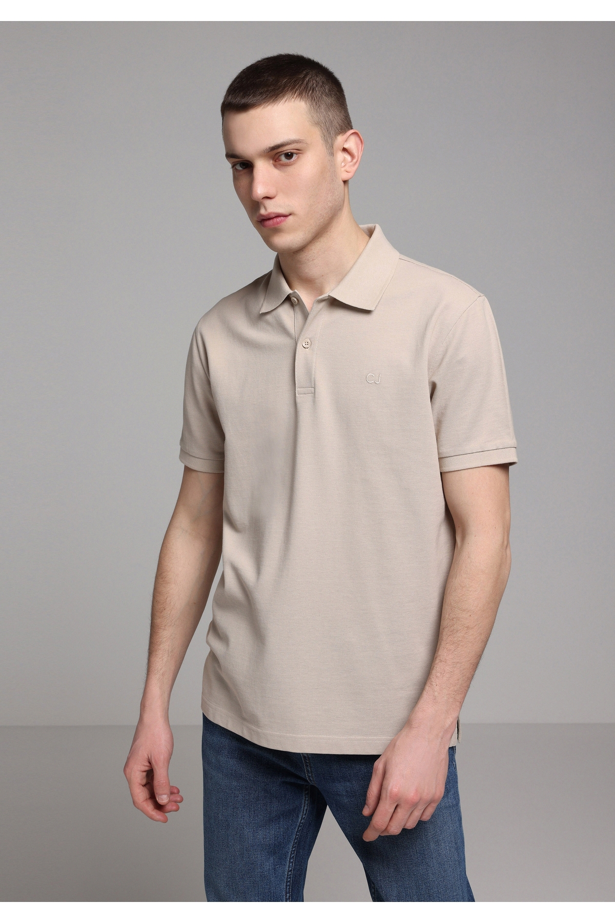 Regular Fit Polo Yaka Düz Örme Erkek Bej Kısa Kol Tişört