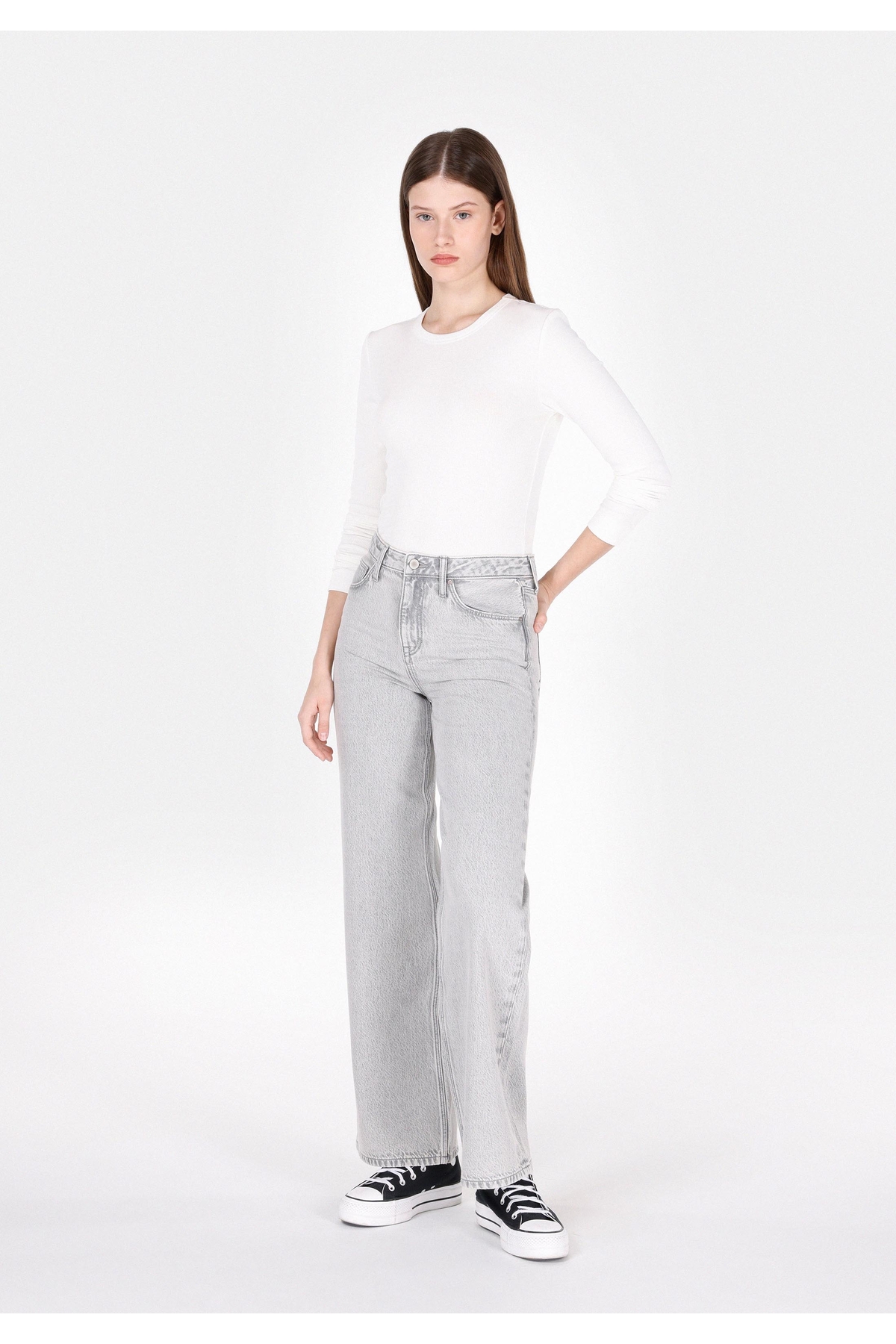 Colin’s  Regular Fit Yüksek Bel Geniş Paça Kadın Gri Jean Pantolon