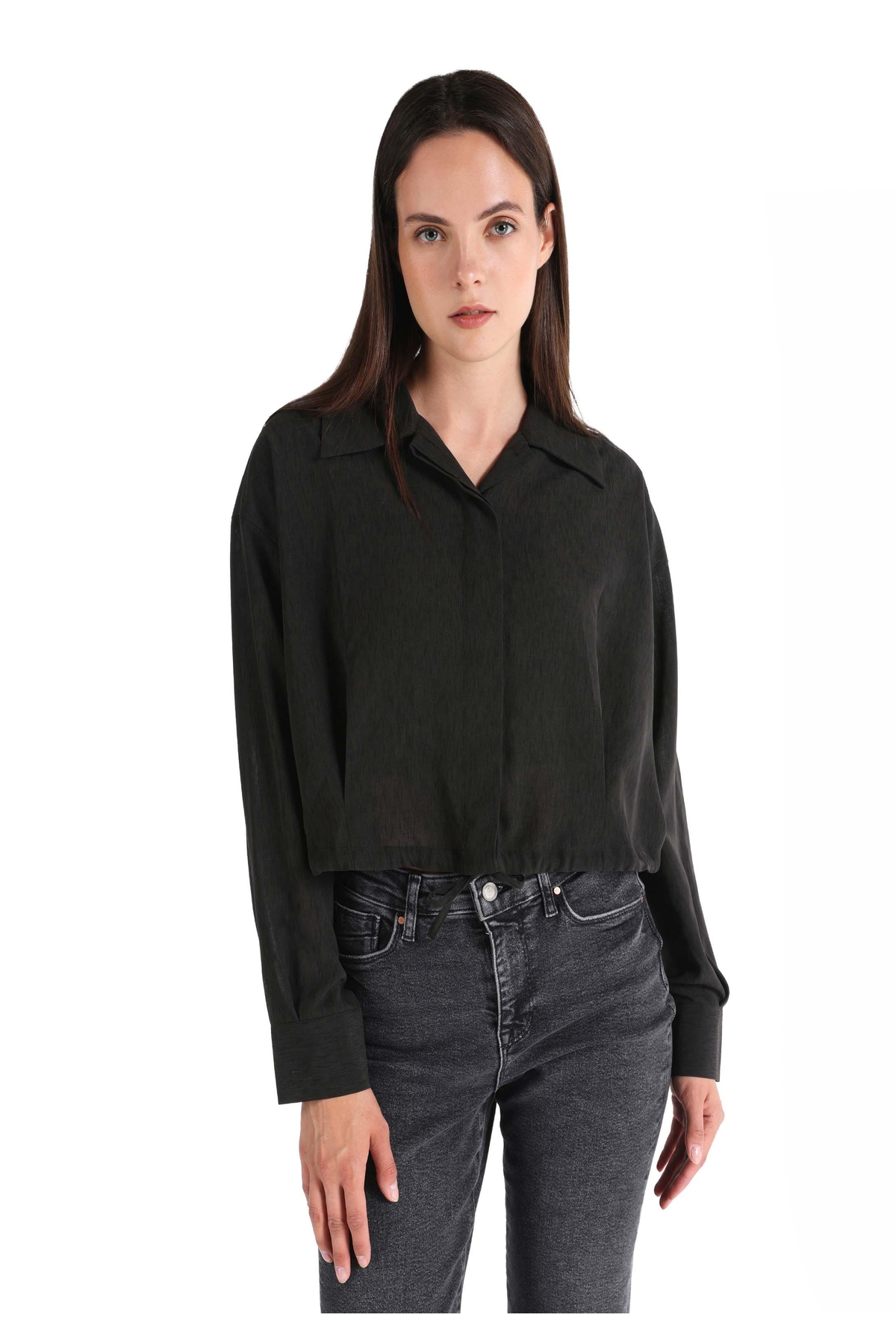 Regular Fit Shirt Neck Düz Kadın Antrasit Uzun Kol Gömlek