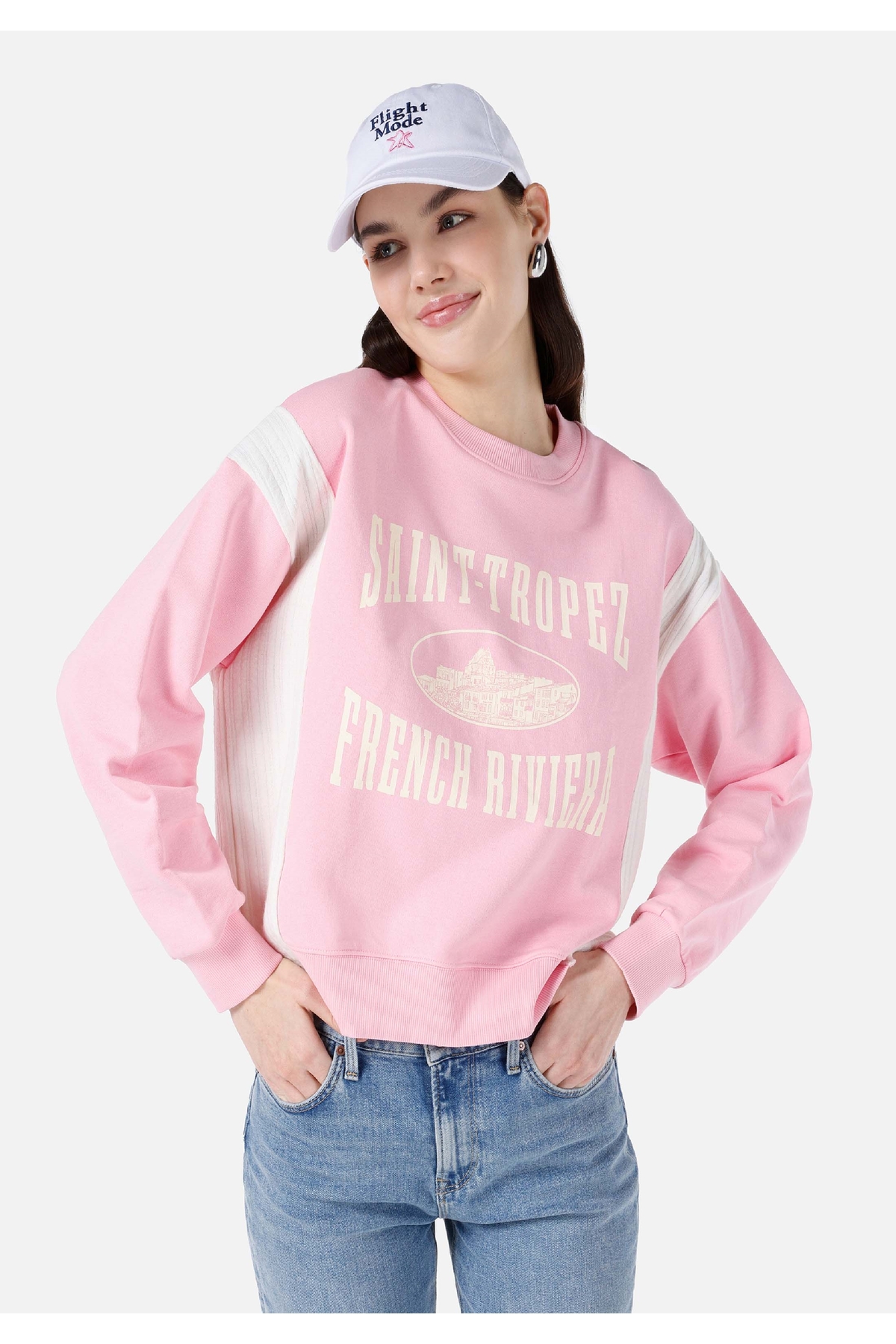 Normal Kesim Bisiklet Yaka Pembe Kadın Sweatshirt