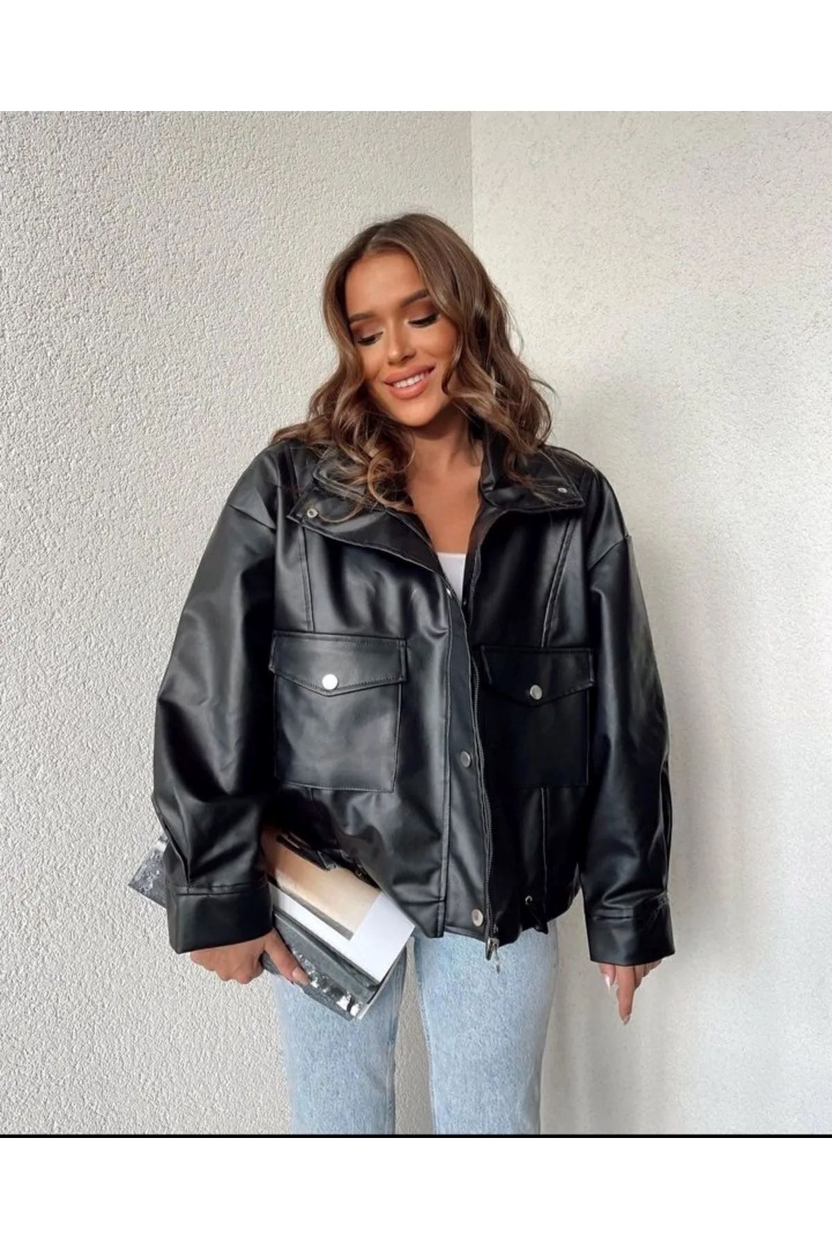 VESS MODA  Çift Cep Yan Büzgülü Oversize Deri Ceket - Görsel 2