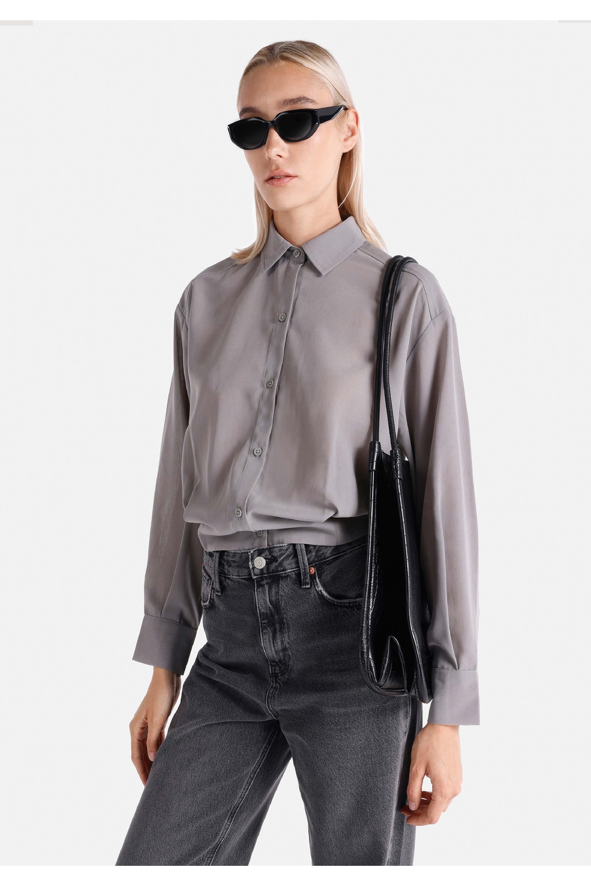 Regular Fit Shirt Neck Ekoseli Kadın Gri Uzun Kol Gömlek