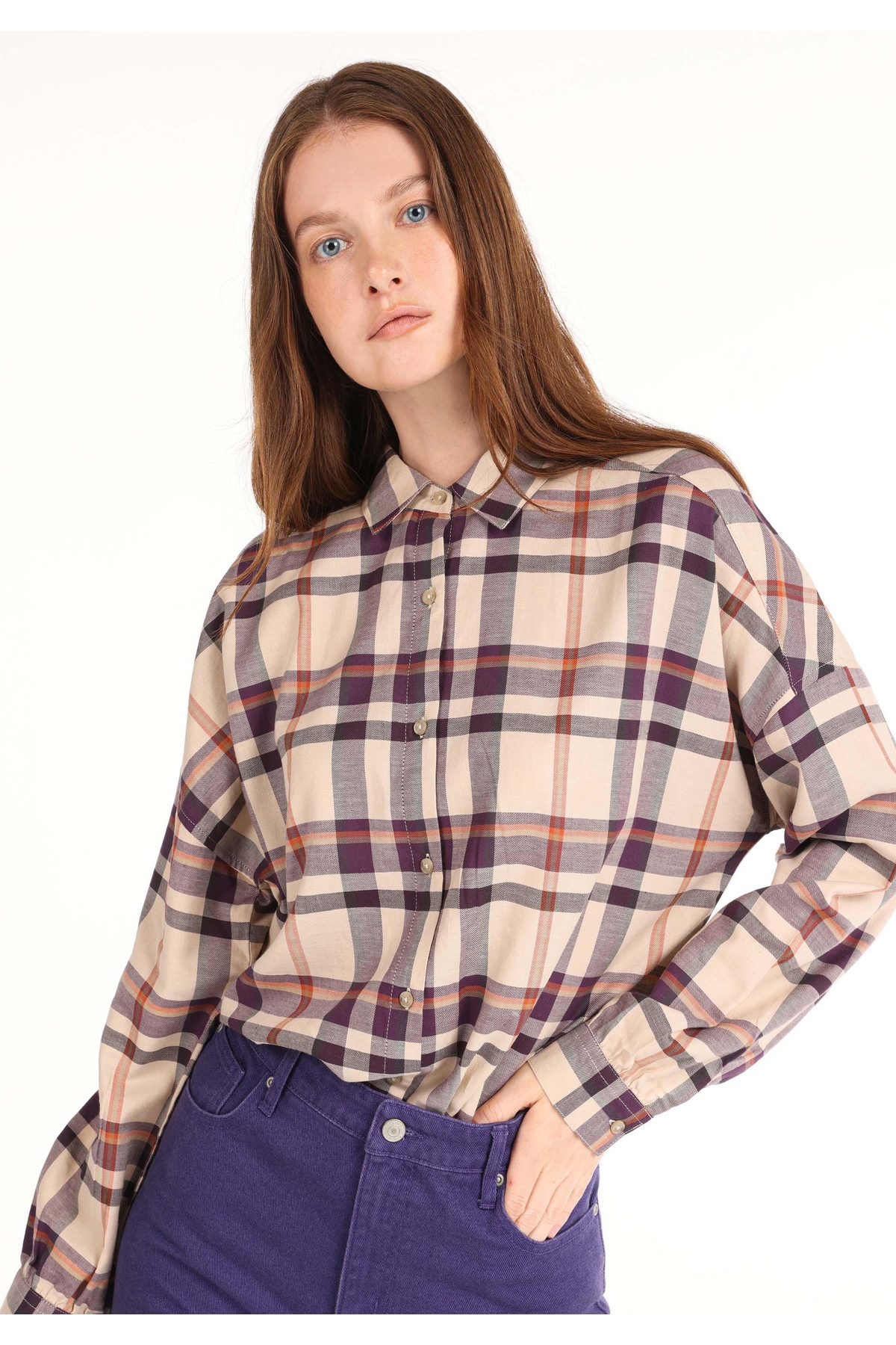 Relaxed Fit Shirt Neck Ekoseli Kadın Mor Uzun Kol Gömlek