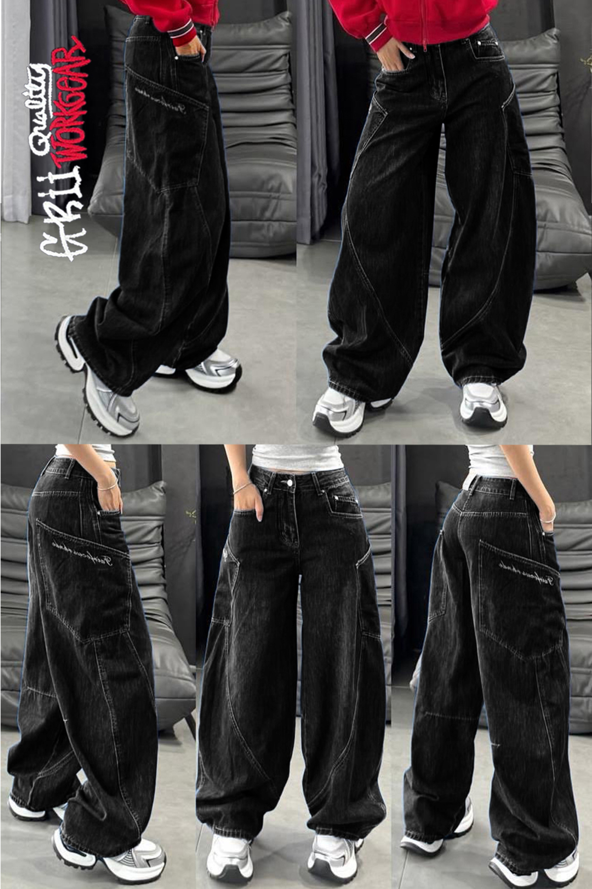 KOTOLOG  Y2k Yandan Cep Ön Yan Dikiş Detay Bol Paça Siyah Baggy Jean