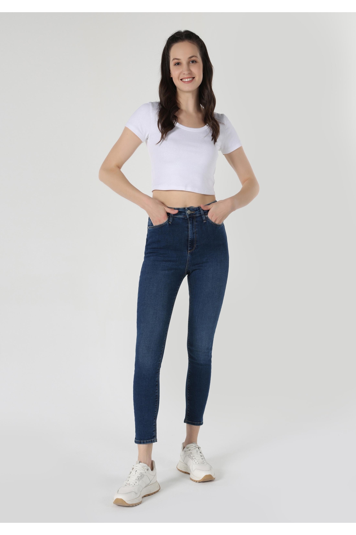 Skinny Fit Yüksel Bel Dar Paça Pamuk Kadın İndigo Jean Pantolon