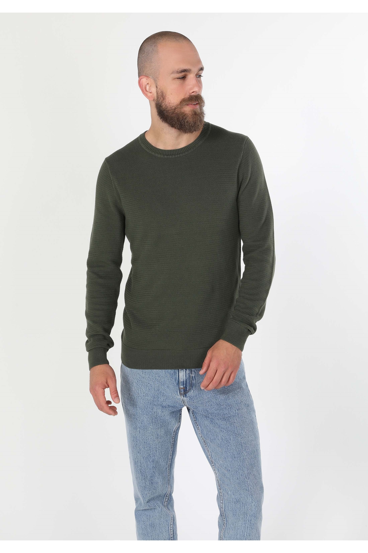 Colin's ژاکت بافتنی مردانه یقه گرد طرح ژاکارد معمولی سایز سبز — خاکی .cl1046786_Q1.V2_KHA