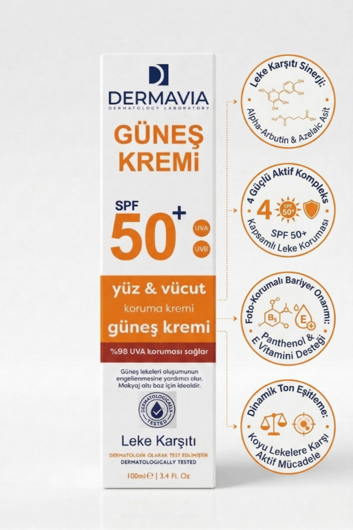 کرم ضد آفتاب ضد لک صورت و بدن با SPF 50، 100 میلی لیتر - ضد آب برای پوست مختلط — Dermavia12 — تصویر 2 از 6