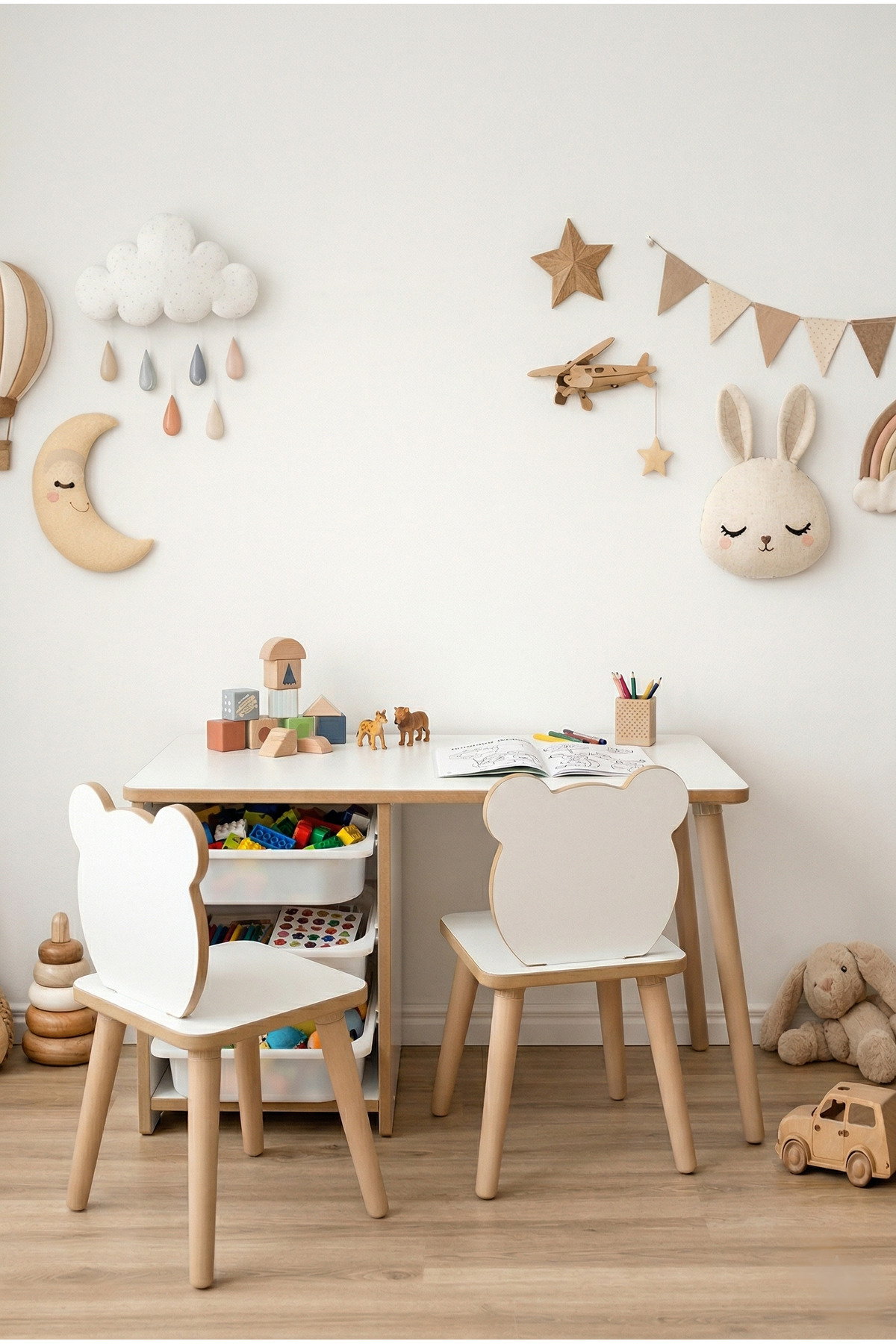 POFİTTO Çocuk Masa Sandalye Takımı-3 Sepetli Çalışma Ve Aktivite Masası-yaz-sil Yüzey-2 Panda Sandalye fotoğrafı 4 (önizleme)