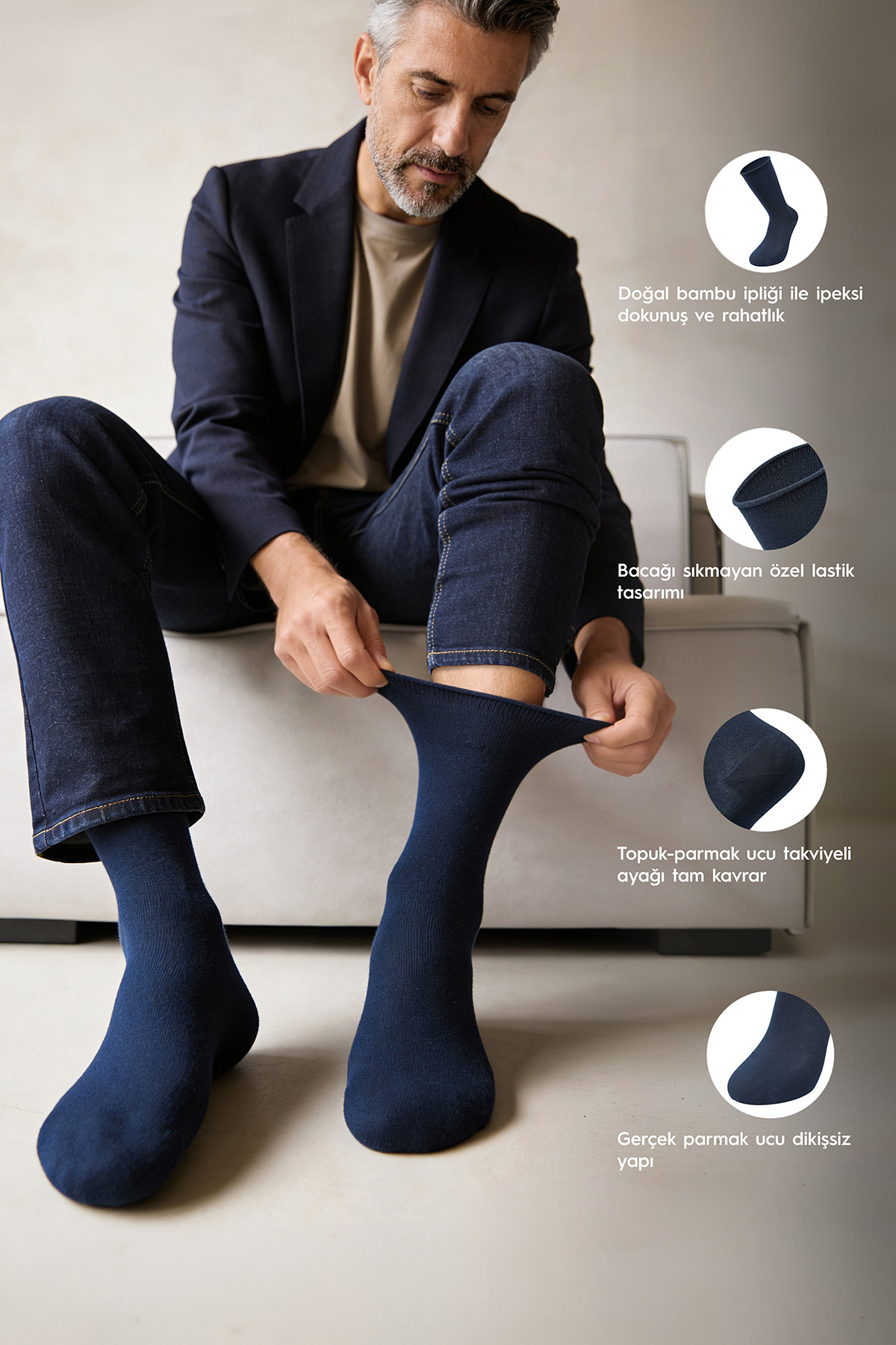 Men's Roll Top Rubberless Bamboo Socks Navy Blue Seamless