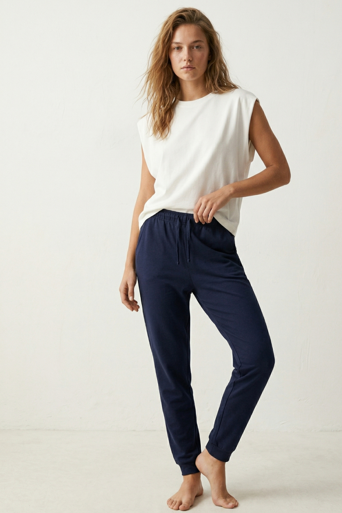 100% Cotton Compact Combed Cotton Single Jersey Women's Pajamas with Bottom Pockets Regular Fit Cuff Leg Flexible No Sweat Navy