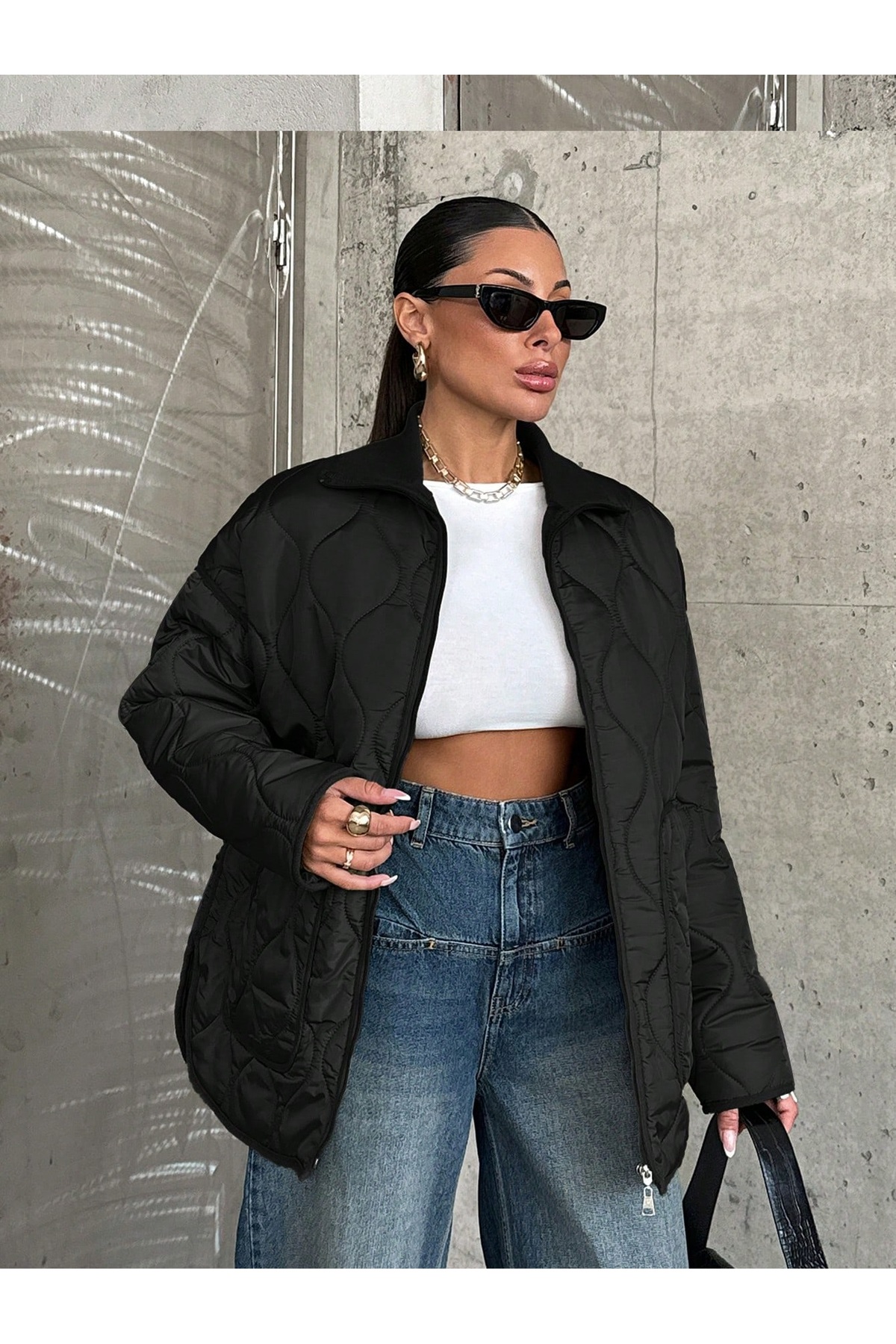 BORCKA TEKSTİL  Siyah Renk Kapitone Desenli Geniş Yaka Kadın Mont - Görsel 5