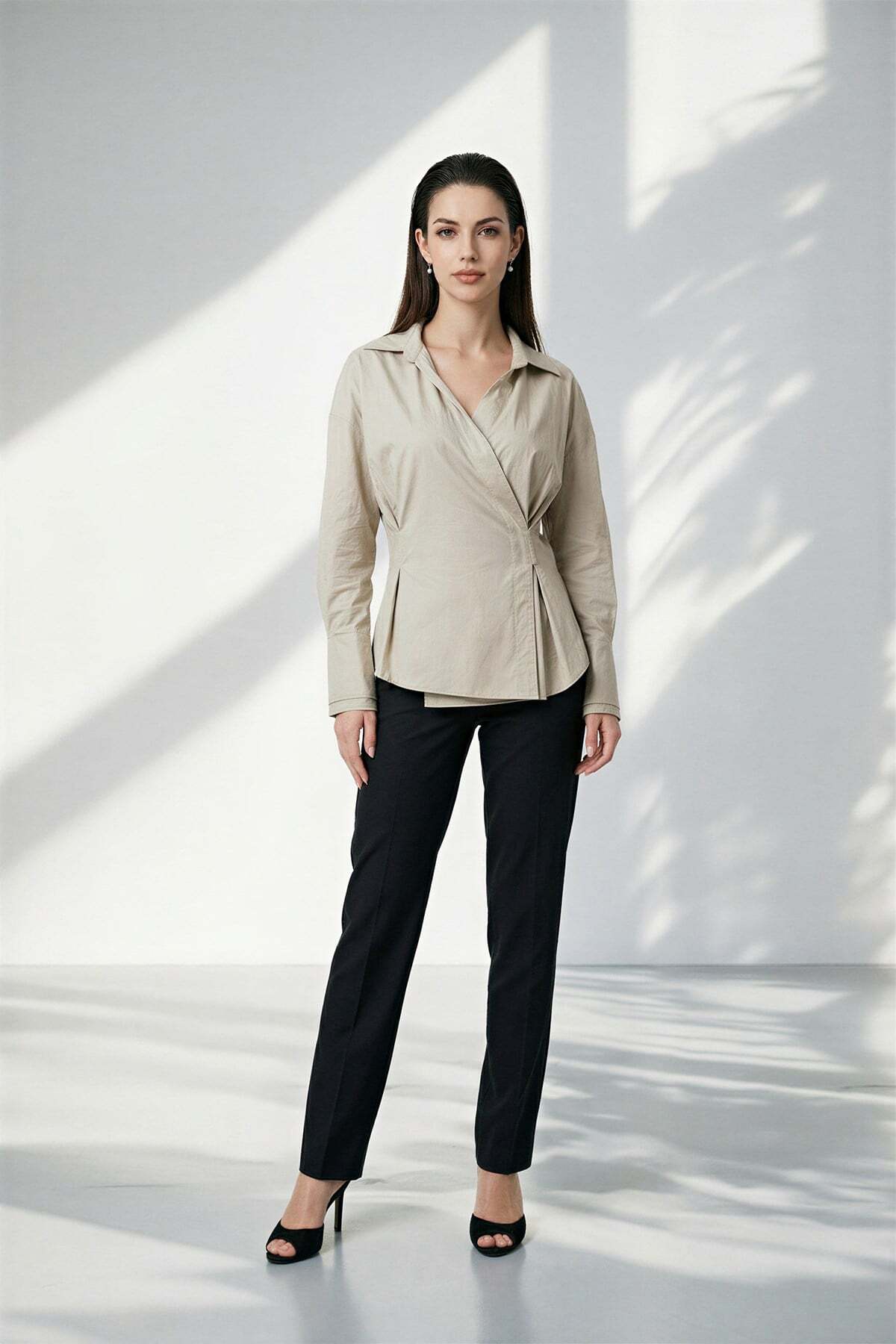 Beige Waist Detailed Asymmetrical Closed Long Sleeve Wide Cut Shirt