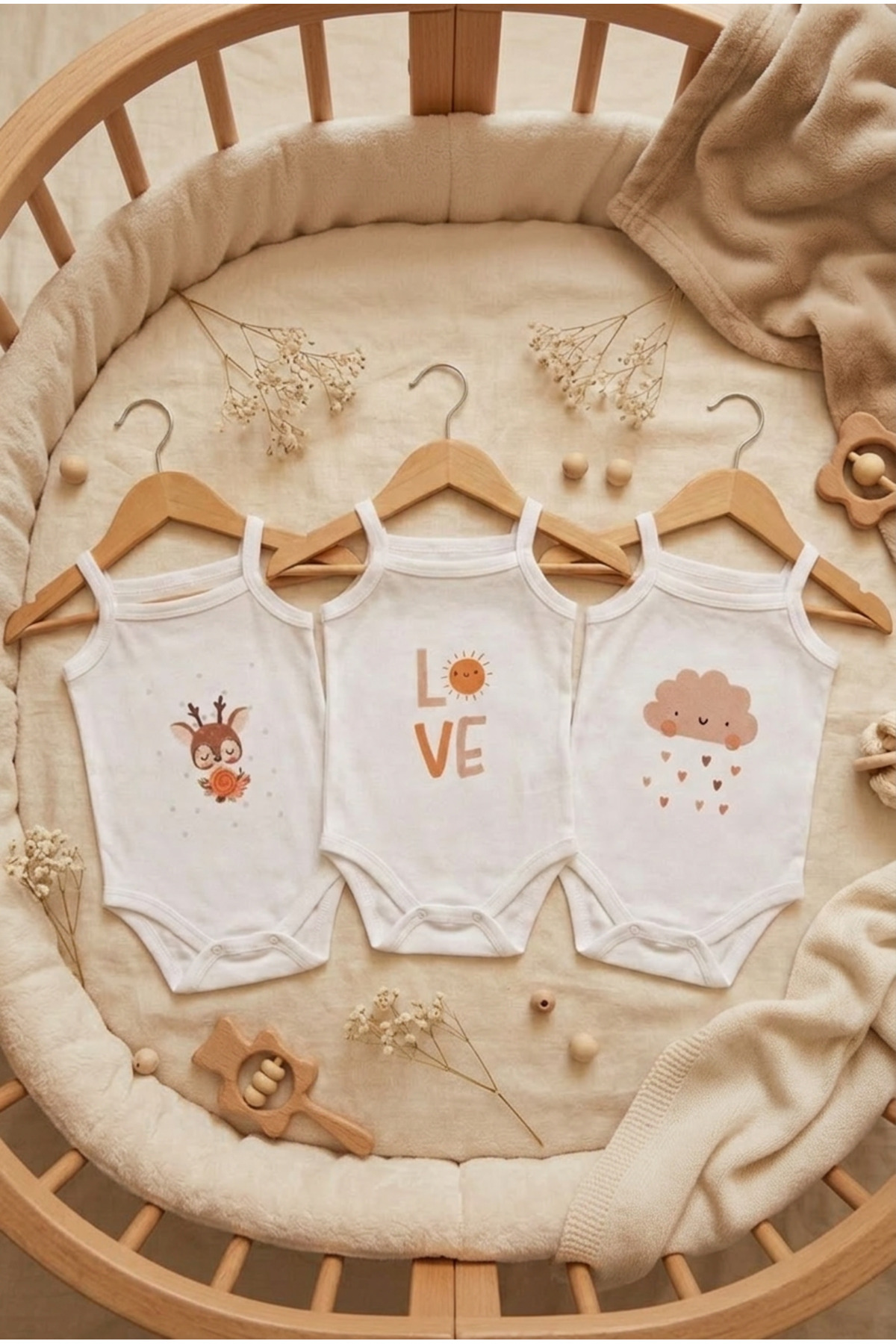 bebeqon %100 Pamuk 3 Parça Askılı Bebek Body Sevimli Baskılı Yenidoğan ve Bebek İç Giyim Beyaz fotoğrafı 6 (önizleme)