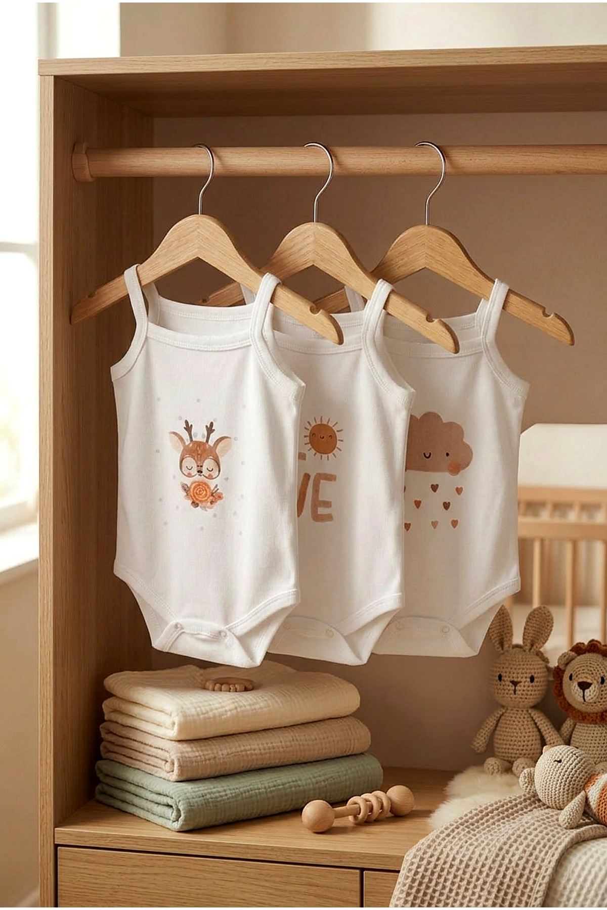 bebeqon %100 Pamuk 3 Parça Askılı Bebek Body Sevimli Baskılı Yenidoğan ve Bebek İç Giyim Beyaz fotoğrafı 4 (önizleme)