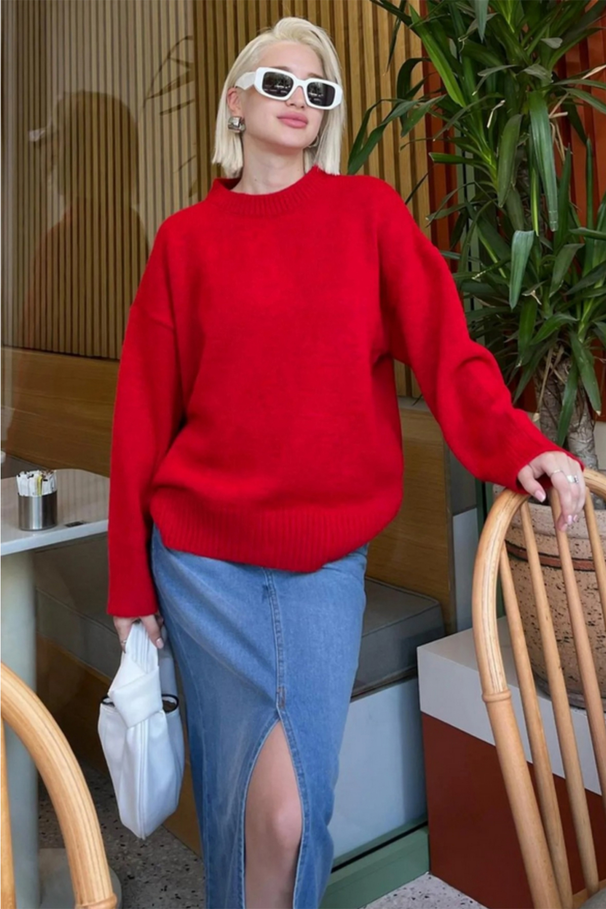 MODASPARK  Kırmızı Bisiklet Yaka Oversize Kadın Triko Kazak - Görsel 7