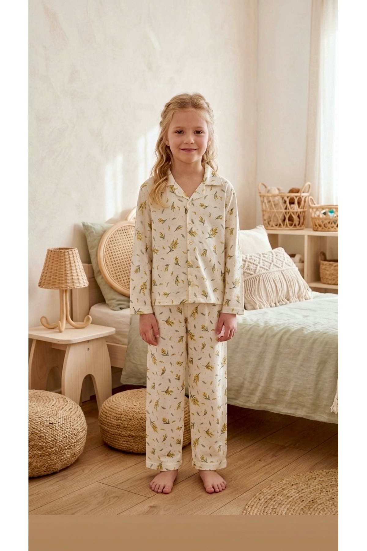 Girl Flower Patterned 100% Cotton 4-Season Pajamas Set
