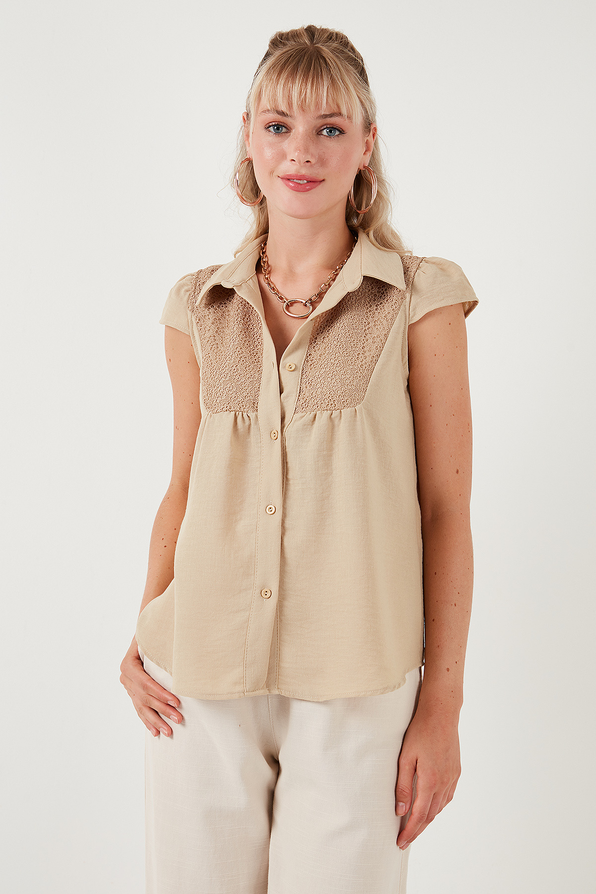 Lela  Dantel Detaylı Kısa Kollu Regular Fit Gömlek GÖMLEK 611GO0215 - Görsel 5