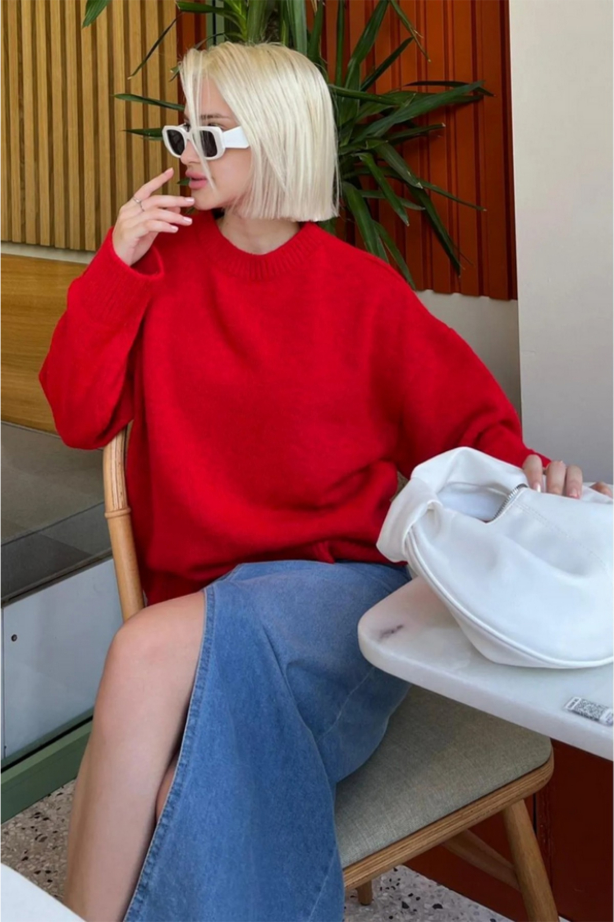 MODASPARK  Kırmızı Bisiklet Yaka Oversize Kadın Triko Kazak - Görsel 4