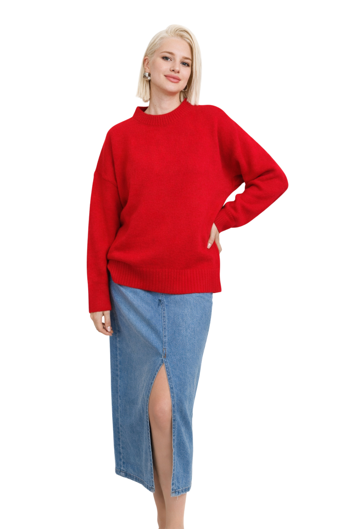 MODASPARK  Kırmızı Bisiklet Yaka Oversize Kadın Triko Kazak - Görsel 3