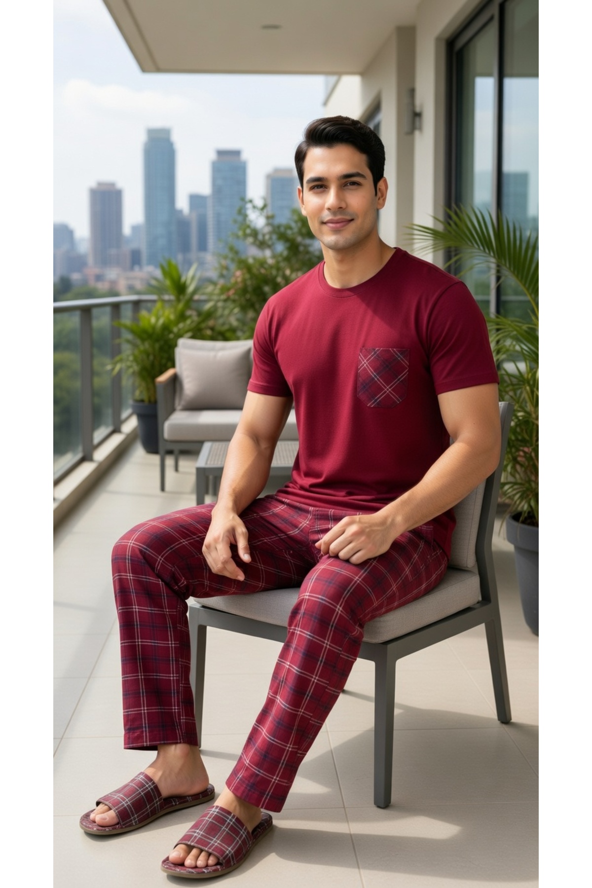 Sude HOMEWEAR  Erkek Ekoseli Kısa Kollu Pijama Takımı - Görsel 3
