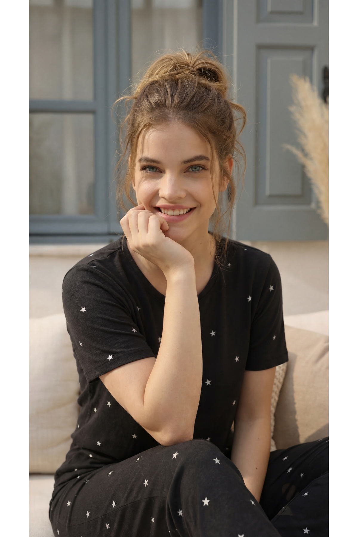 Black Ring Viscose Star Patterned Short Sleeve Pajamas Set