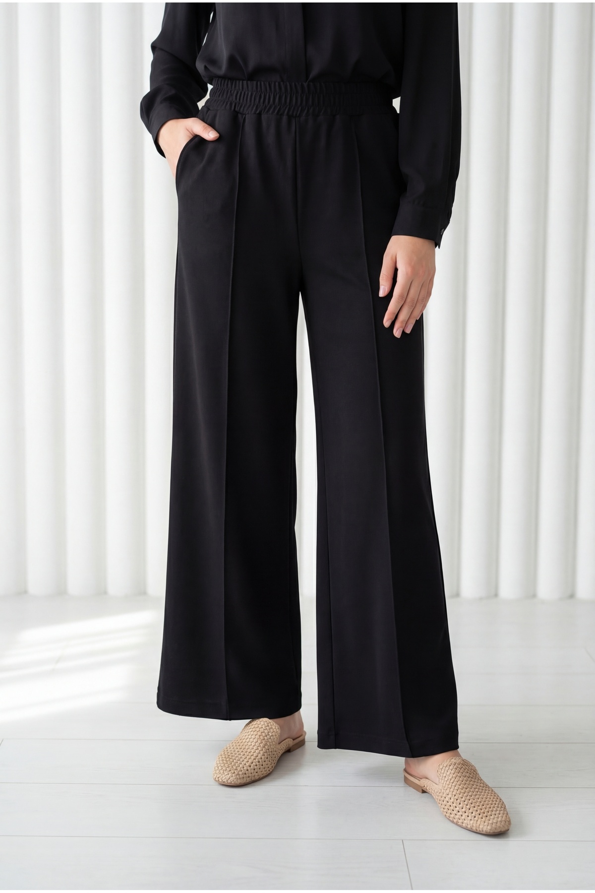 Genel Markalar  Zayna Bol Paça Çımalı Skuba Dalgıç Pantolon-MT3555 Siyah