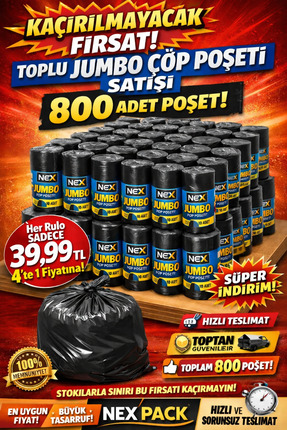 nex pack 80 RULO Endüstriyel Jumbo Boy Çöp Torbası – Kalın 300GR – 80x110 Büy...