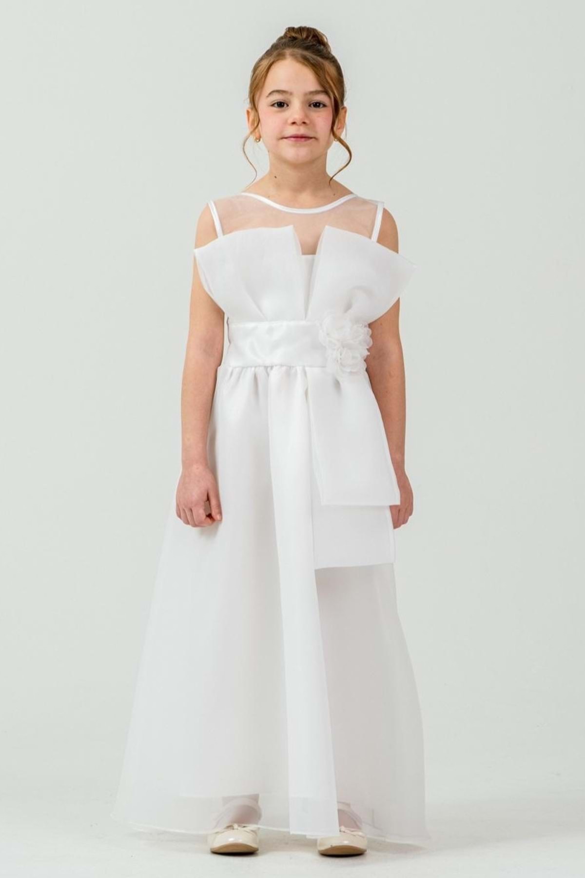 Mnk Baby&Kids Kız Çocuk Organze Tül Çiçek ve Fiyonk Detaylı Gipe Sırtlı Prenses Abiye Elbise M00800 BEYAZ