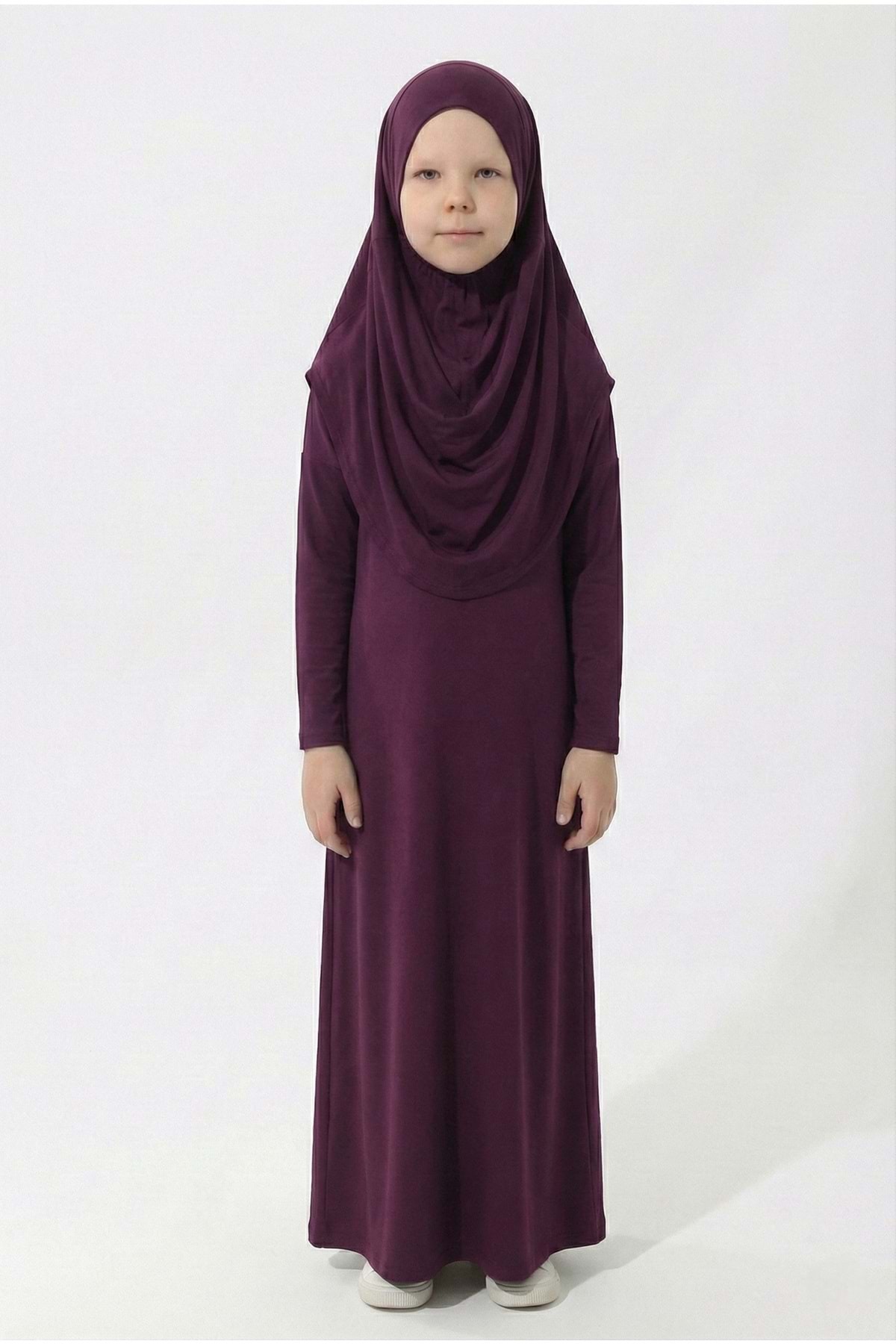 Mnk Baby&Kids Pratik Başörtülü Kız Çocuk Namaz Elbisesi M00789 MÜRDÜM