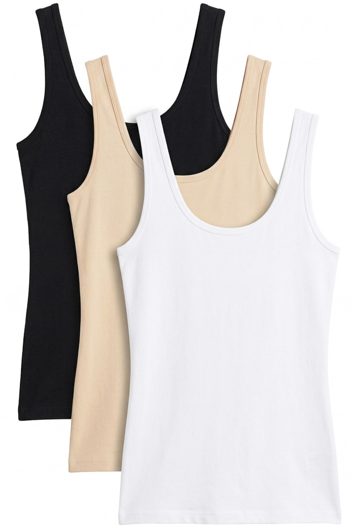 Siyah İnci  siyah-beyaz-ten 3'lü Paket Pamuklu Likralı Geniş Askılı Örme T-Shirt Atlet 1002 - Görsel 2