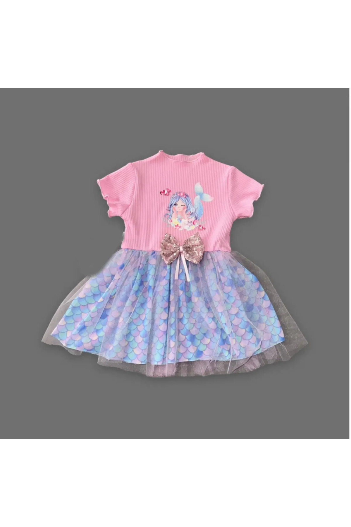 DENİZCİK 1-2-3 Yaş Denizkızı Baskılı Pul Desen Etekli Kız Bebek Elbisesi fotoğrafı 2 (önizleme)