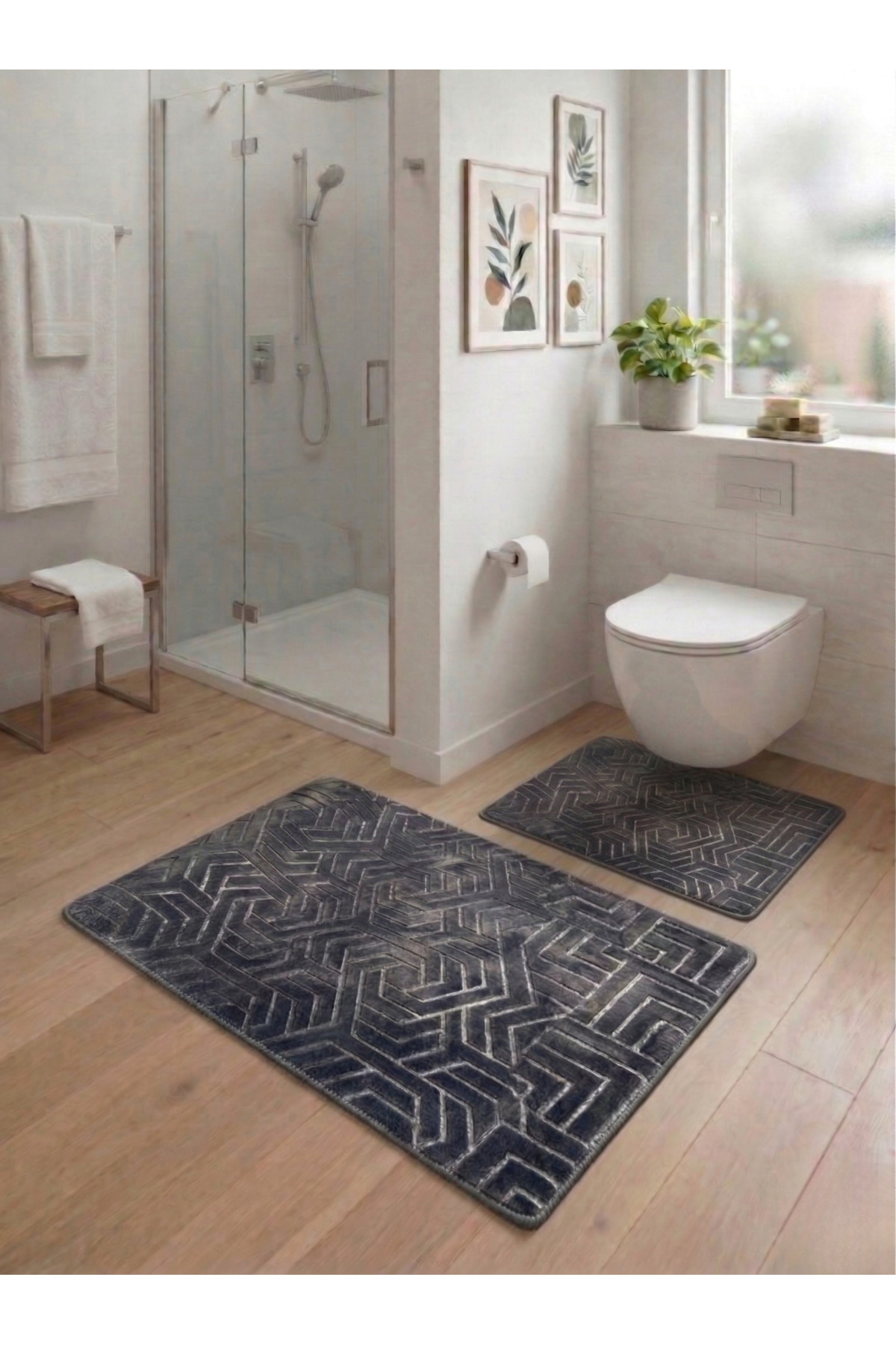 Bath Mat Set of 2 Anthracite Soft Anti-Slip Base Washable Stainproof60x100-40x60